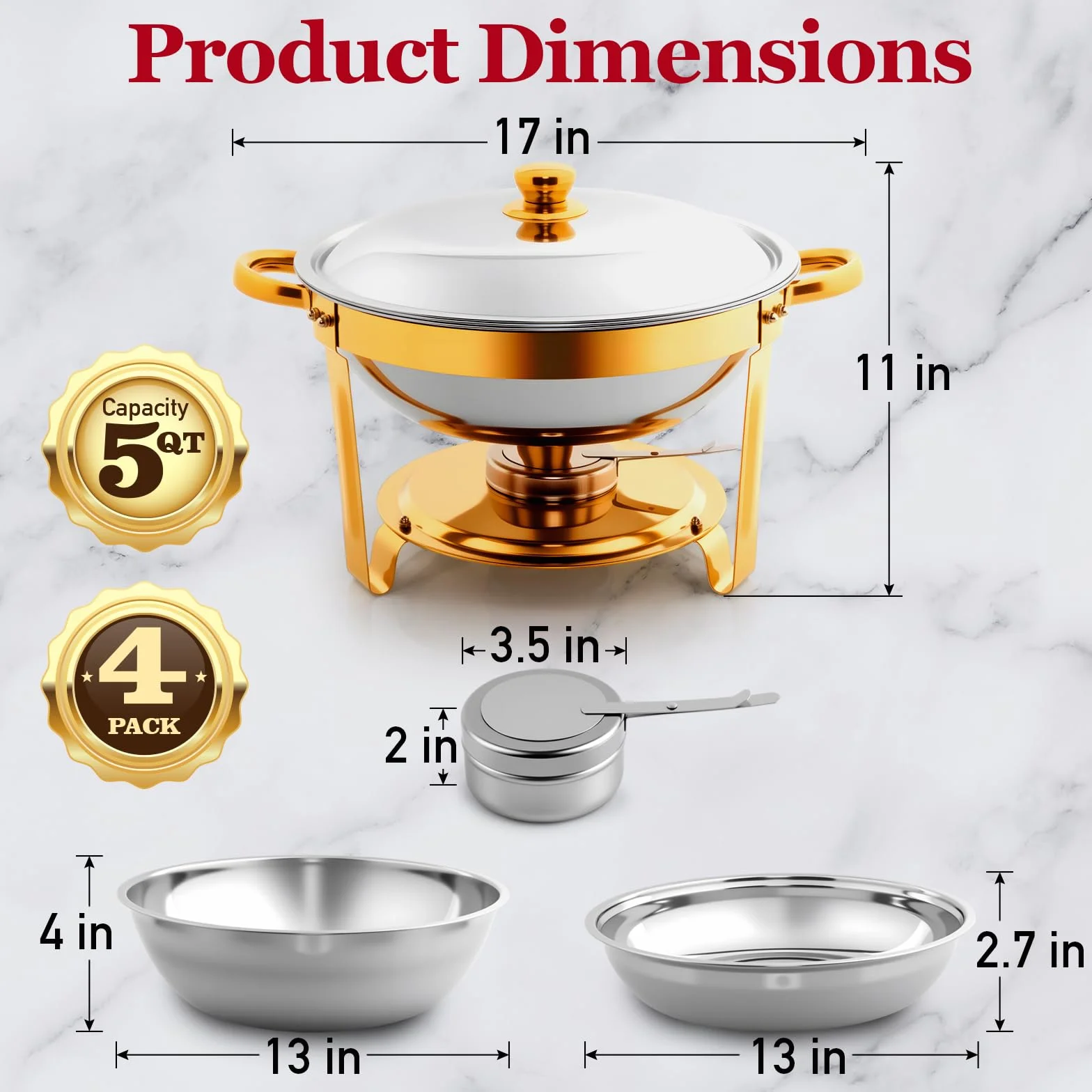 Calentadores de Comida para Buffet Acero Inoxidable 4PCS Chafing Dish 5QT Redondo con Portatapas