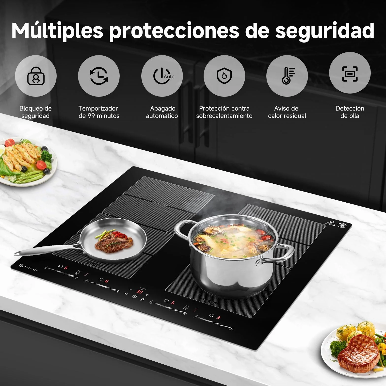 AMZCHEF placa inducción 4 zonas flexibles 7400W 42dB silencioso 9 niveles BBQ