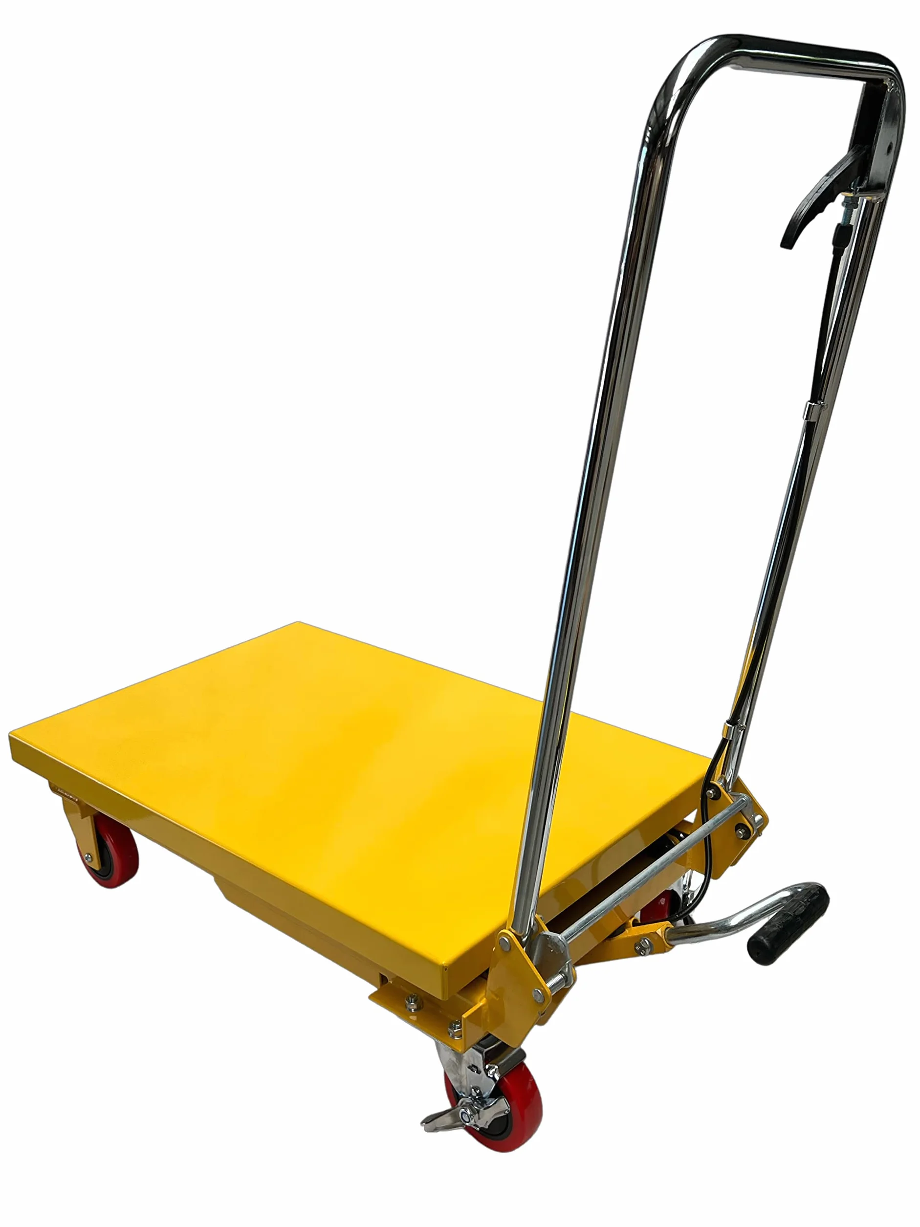 Kraftwelle Plataforma de elevación hidráulica con capacidad de carga de 150 kg, carretilla elevadora móvil con patas de tijera, carretilla de plataforma con 4 ruedas de poliamida amarillas