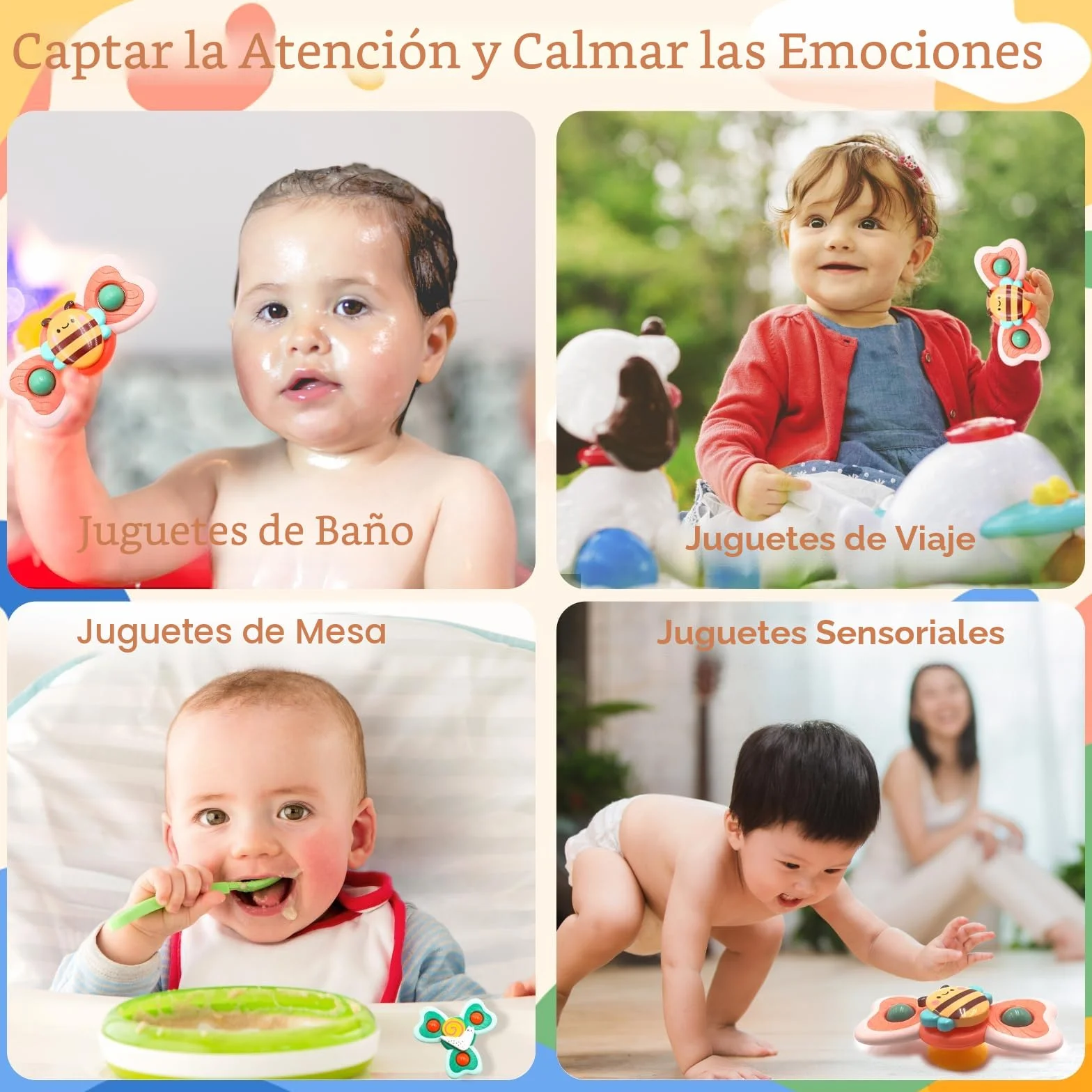 Spinner Bebé con Ventosa 3 Juguetes Giratorios Sensoriales para Baño Trona Viaje