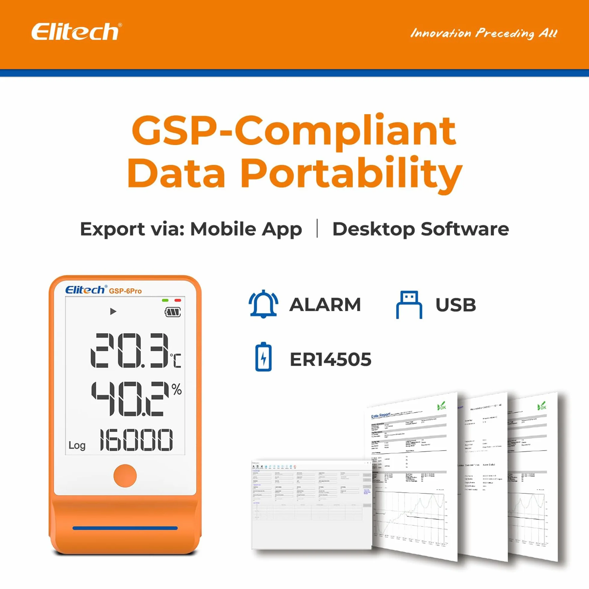 Elitech GSP-6Pro-GLE+THE Registrador de temperatura Bluetooth sensor temperatura humedad 100000 puntos datos certificado calibración