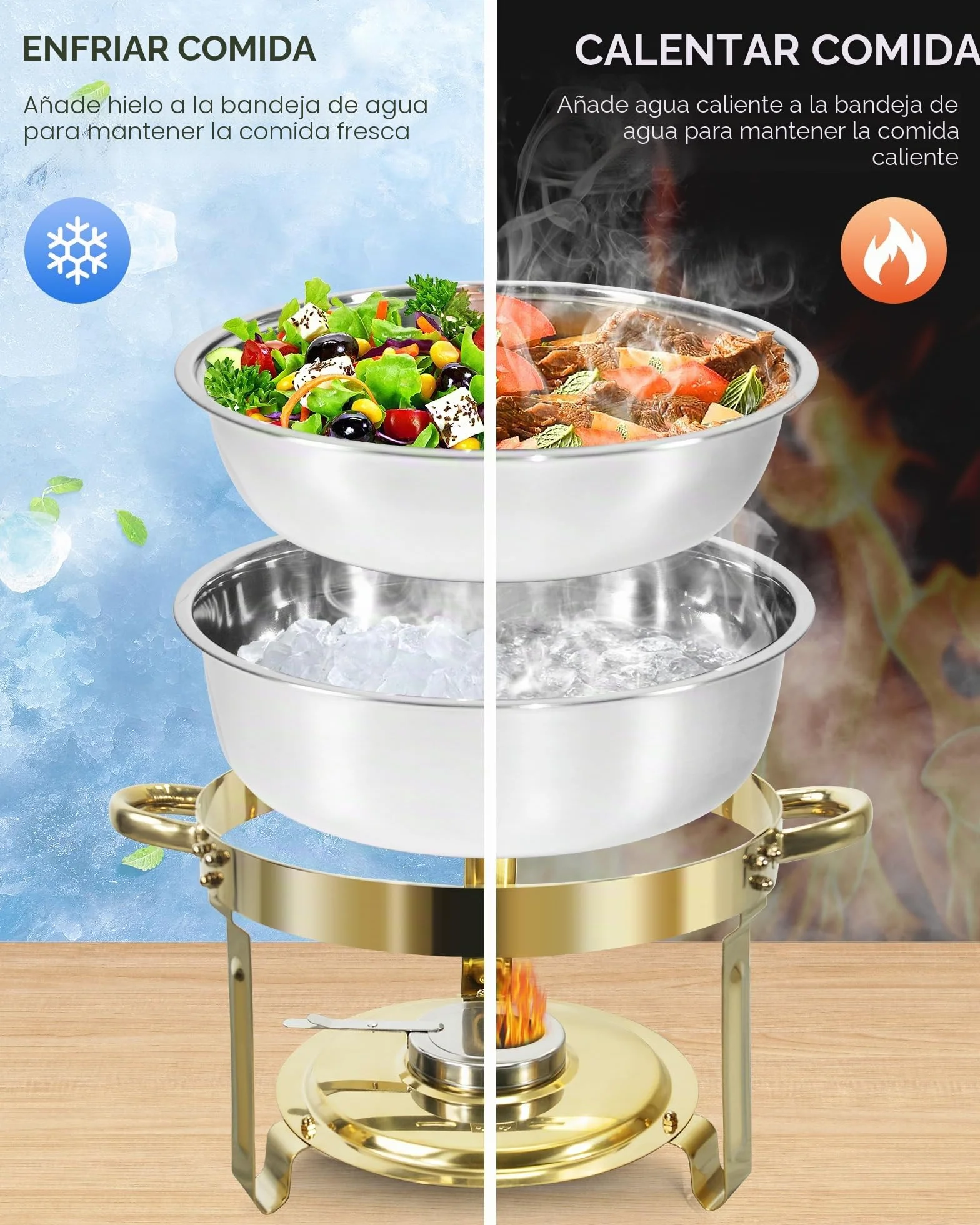 Oro Chafing Dish Buffet Set 5L Acero Inoxidable 2 Recipientes Calientes para Catering