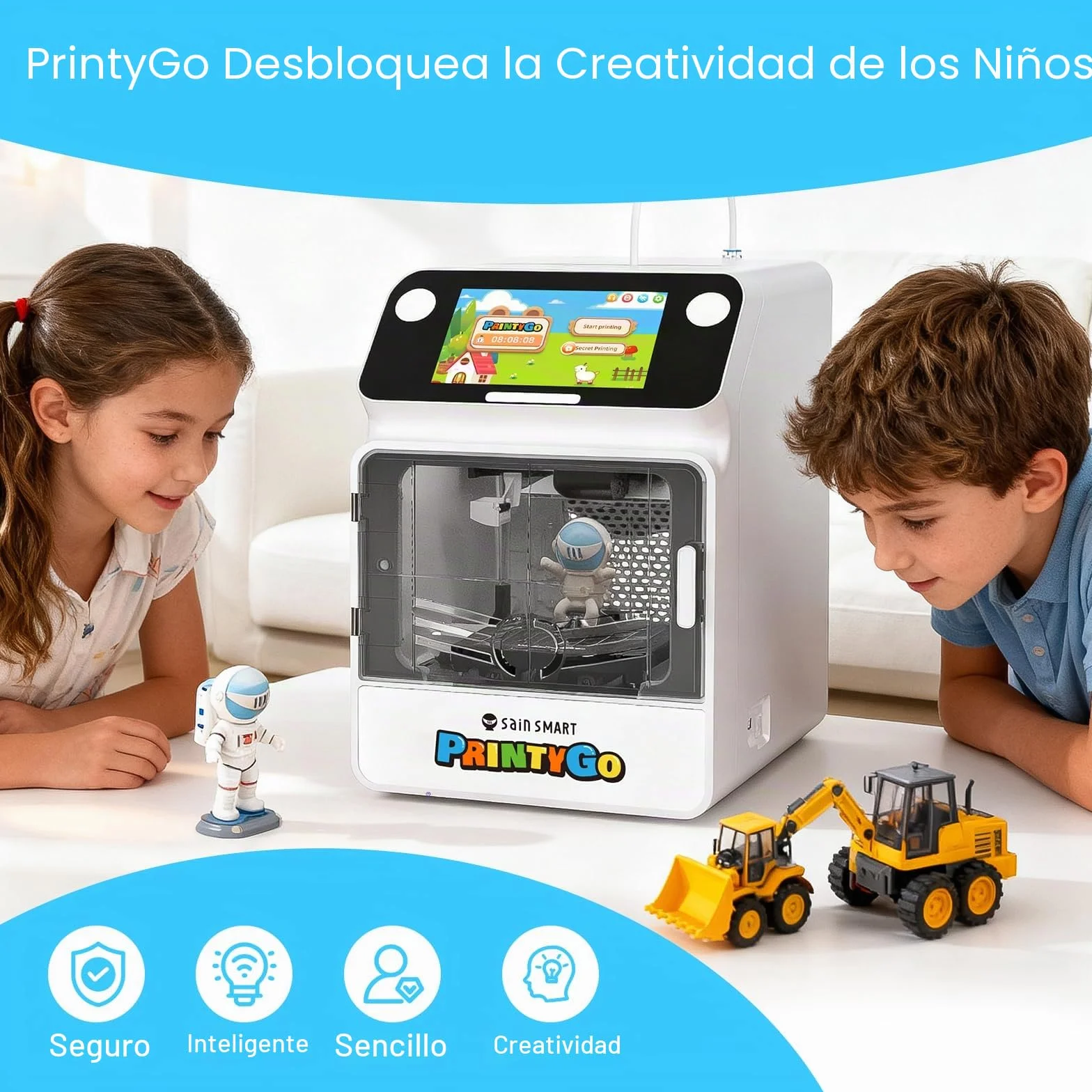 SainSmart Impresora 3D PrintyGo Mini para niños, 600 mm/s, autonivelación, Ideal para Principiantes, diseño Seguro para niños, Control por Wi-Fi/App, preensamblada para Aprendizaje Stem