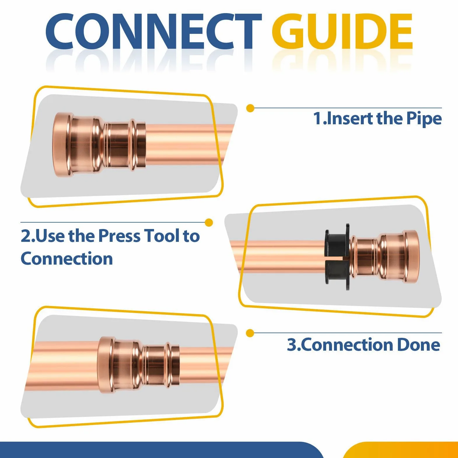 Paquete de 2 acoplamientos de presión de cobre GUOFIS sin tope, 1-1/4" x 1/2", acoplamiento de cobre para conexiones de tuberías de reparación y remodelación de plomería, diseño de flujo continuo.