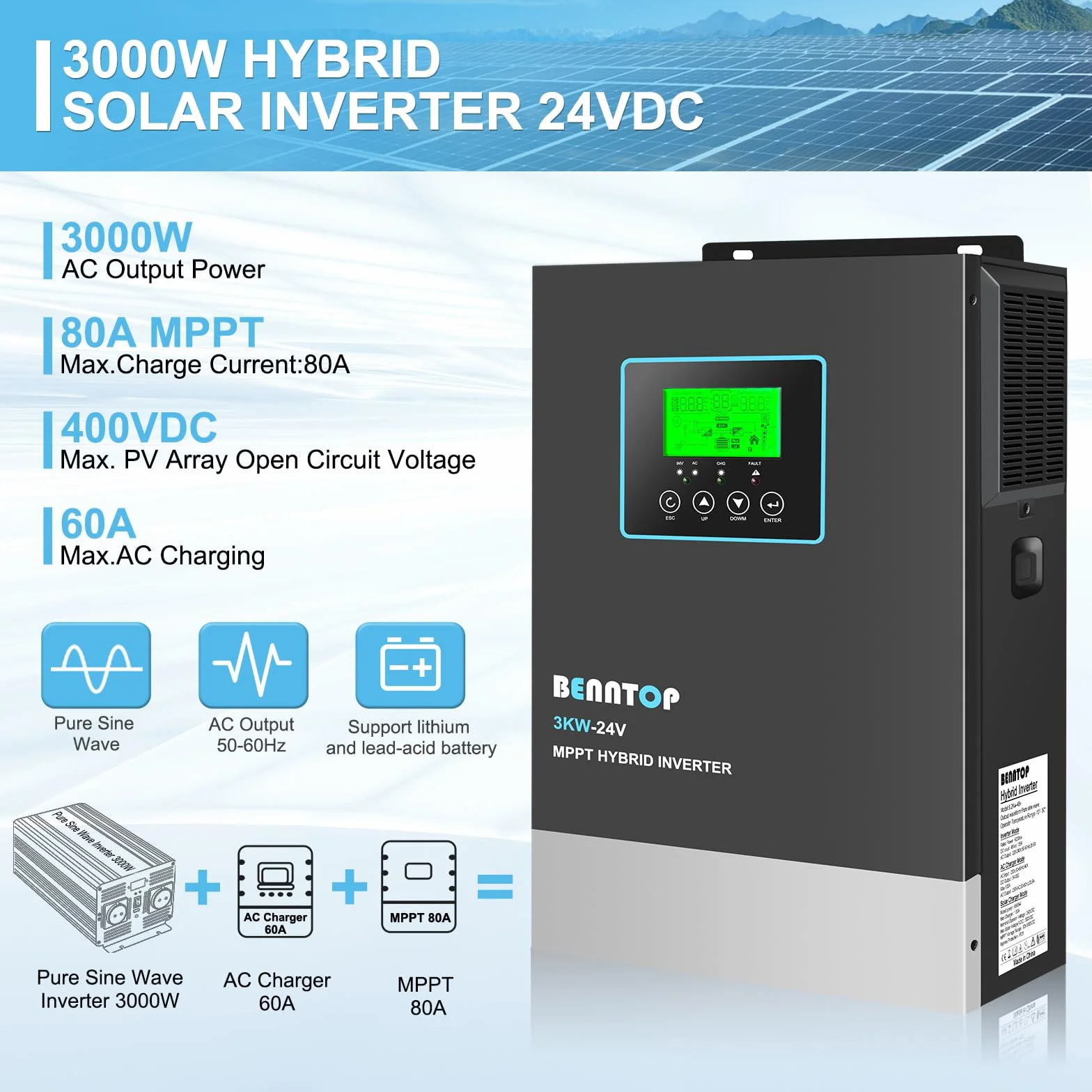 3000W Solar Inversor híbrido 24V a 230v 220v Onda Pura Off-Grid Inversor, con Controlador de Carga Solar MPPT de 80A Incorporado, MAX.PV 400Vdc,admite baterías de Plomo-ácido y Litio