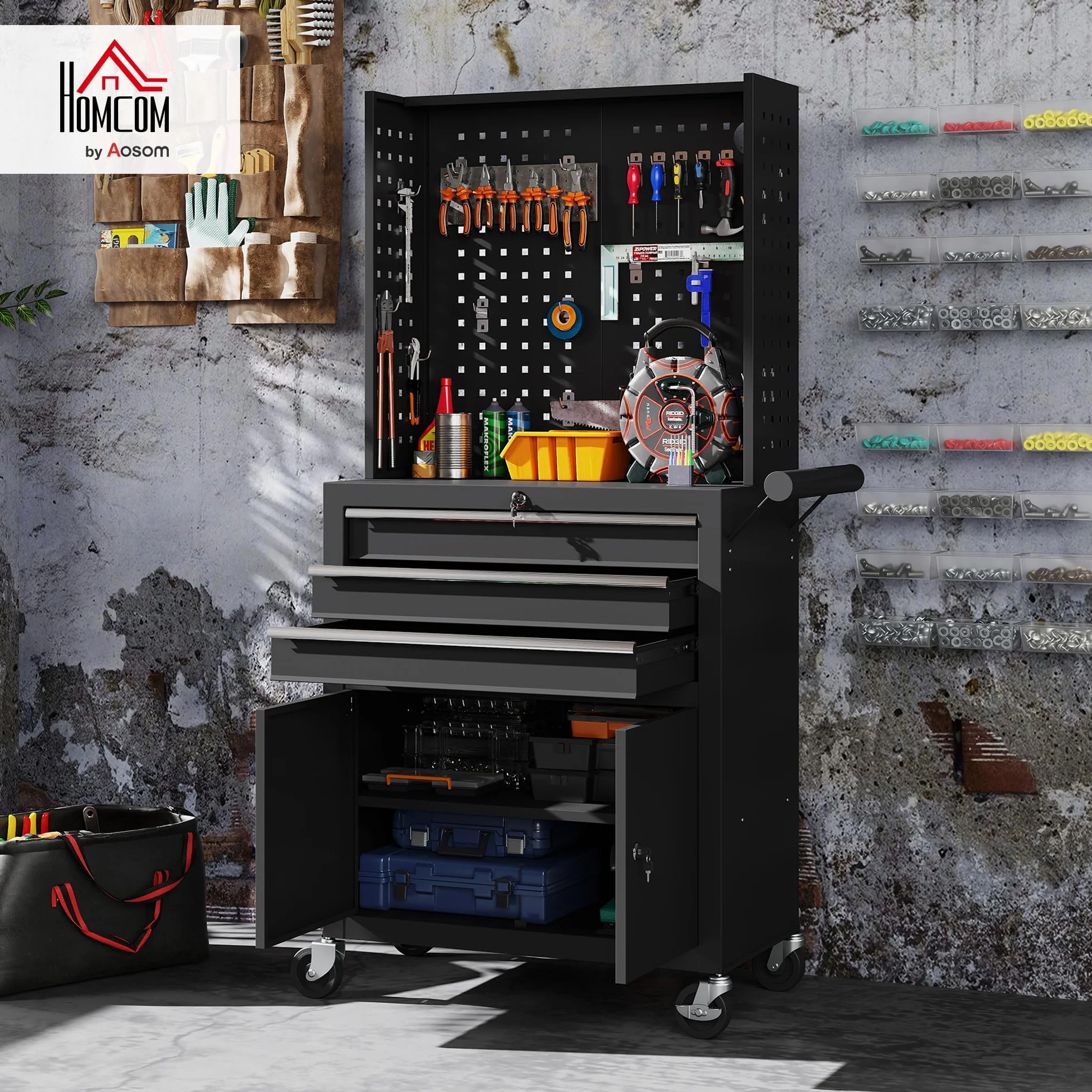 HOMCOM Carro de Herramientas con 3 Cajones y Tabla de Pegboard, Carro de Taller, Cerradura por Llave, Estante Ajustable, 2 Ruedas con Freno de Bloqueo, Negro