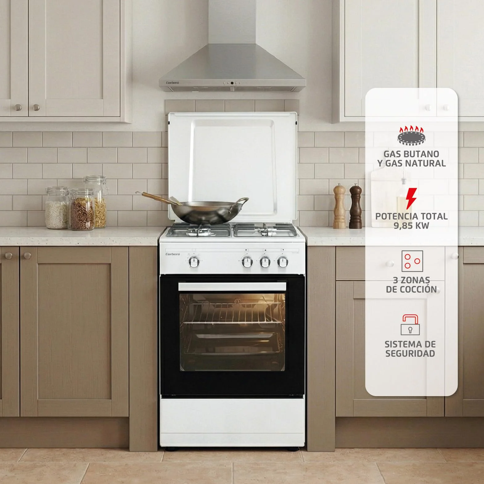 Corberó Cocina Gas Plus CCSF35020BW 3 Fuegos Horno 43 L Doble Puerta Cristal Blanco