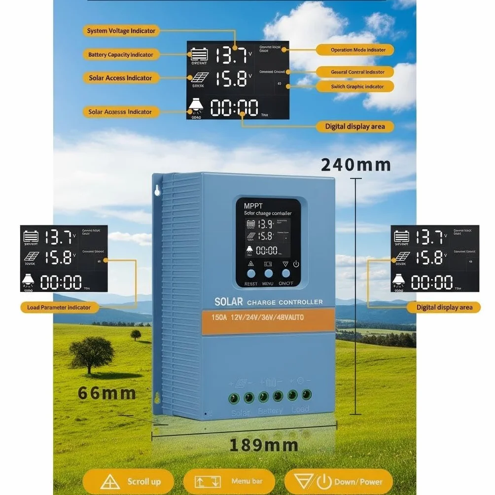 Regulador de carga solar MPPT de 150 A, 12 V/24 V/36 V/48 V, detección automática, pantalla LCD, protección contra sobrecarga para autocaravanas/camiones/sistemas de PV domésticos LiFePO4/batería de