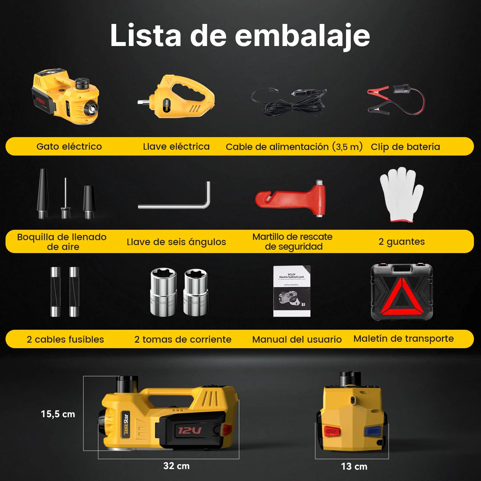 TaskStar Gato Hidráulico 5t 3t, 12V Kit de Gato Eléctrico para Coche (Alcance :15.5-45 cm) con Llave eléctrica e inflador, para Recogida de Coche Cambio de Neumáticos Reparación de Garaje