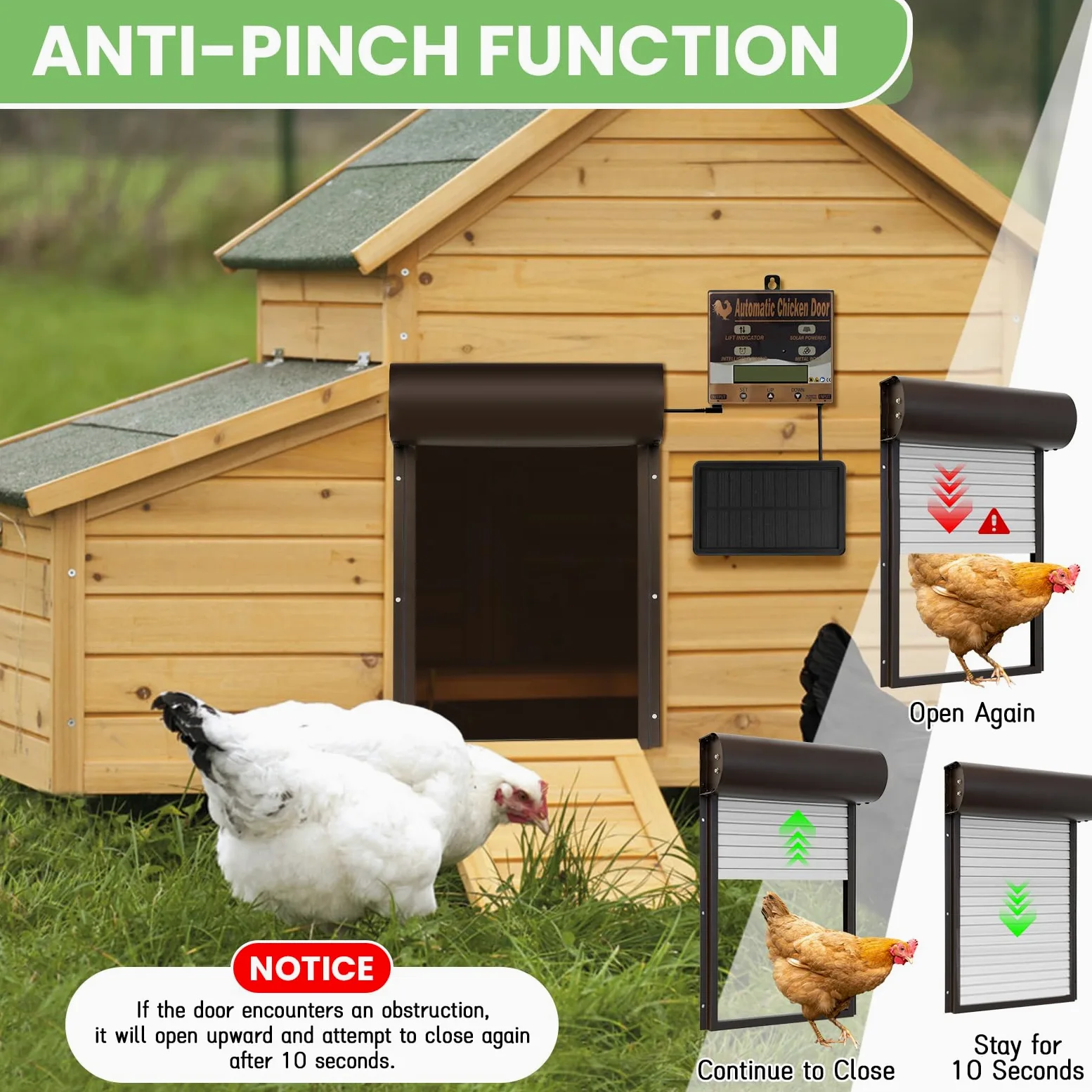 Batería automática de gallina, Puerta de Pollo eléctrica automática | con temporizador, panel solar, mando a distancia, manual, protección inteligente contra pellizcos