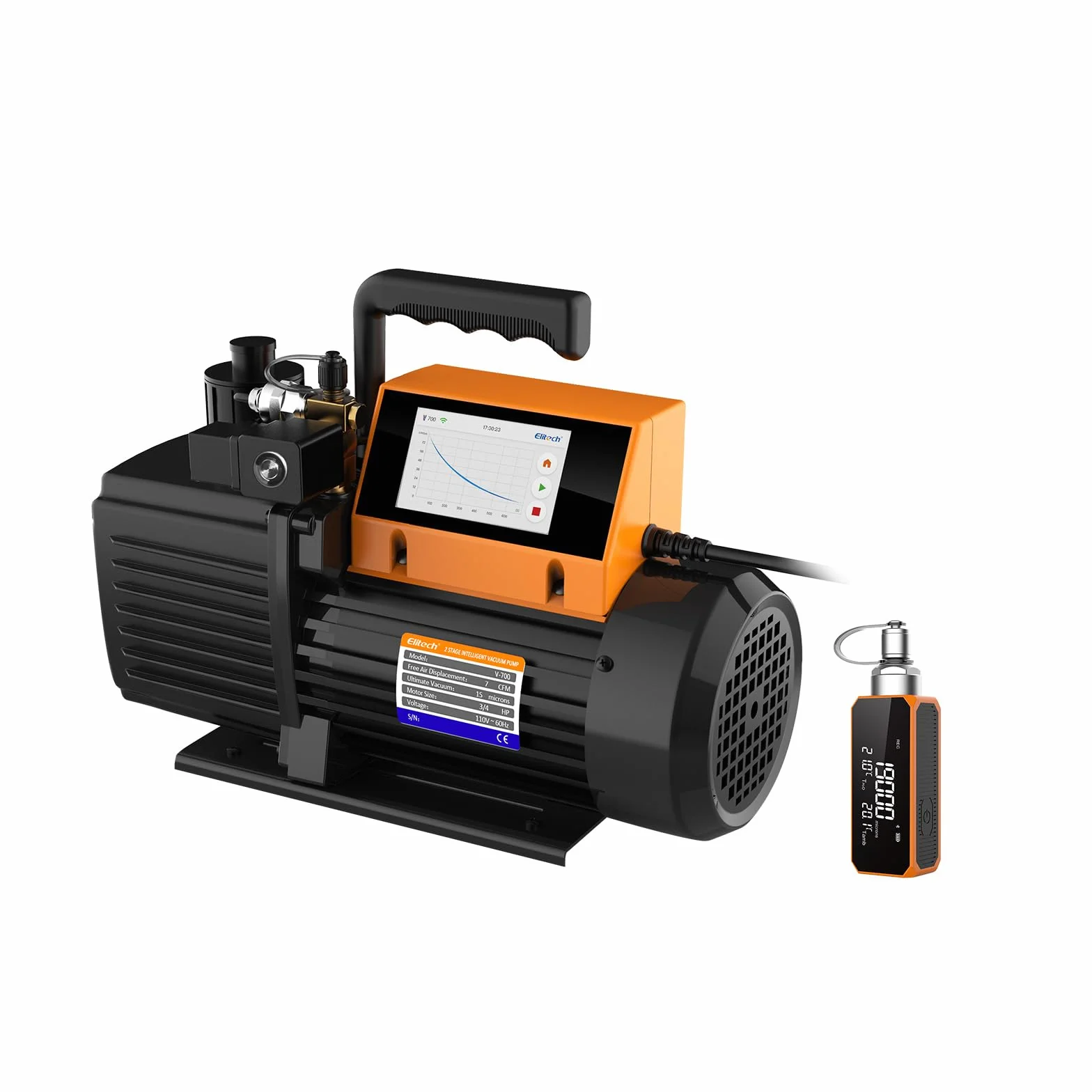Elitech Bomba de vacío V900 9 CFM: bomba de vacío inteligente de 2 etapas con control por aplicación y medidor de vacío adicional para un diagnóstico preciso del sistema HVAC