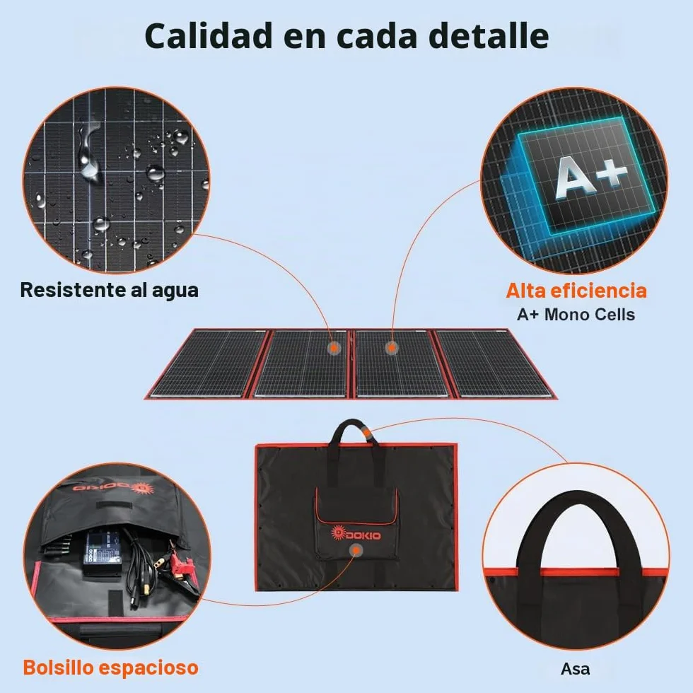 DOKIO Panel Solar Portatil 200W 18V Kit Monocristalino (Alta Eficiencia) con regulador de carga solar y cable fotovoltaico para batería de coche de 12V, AGM, batería de gel, batería de ácido