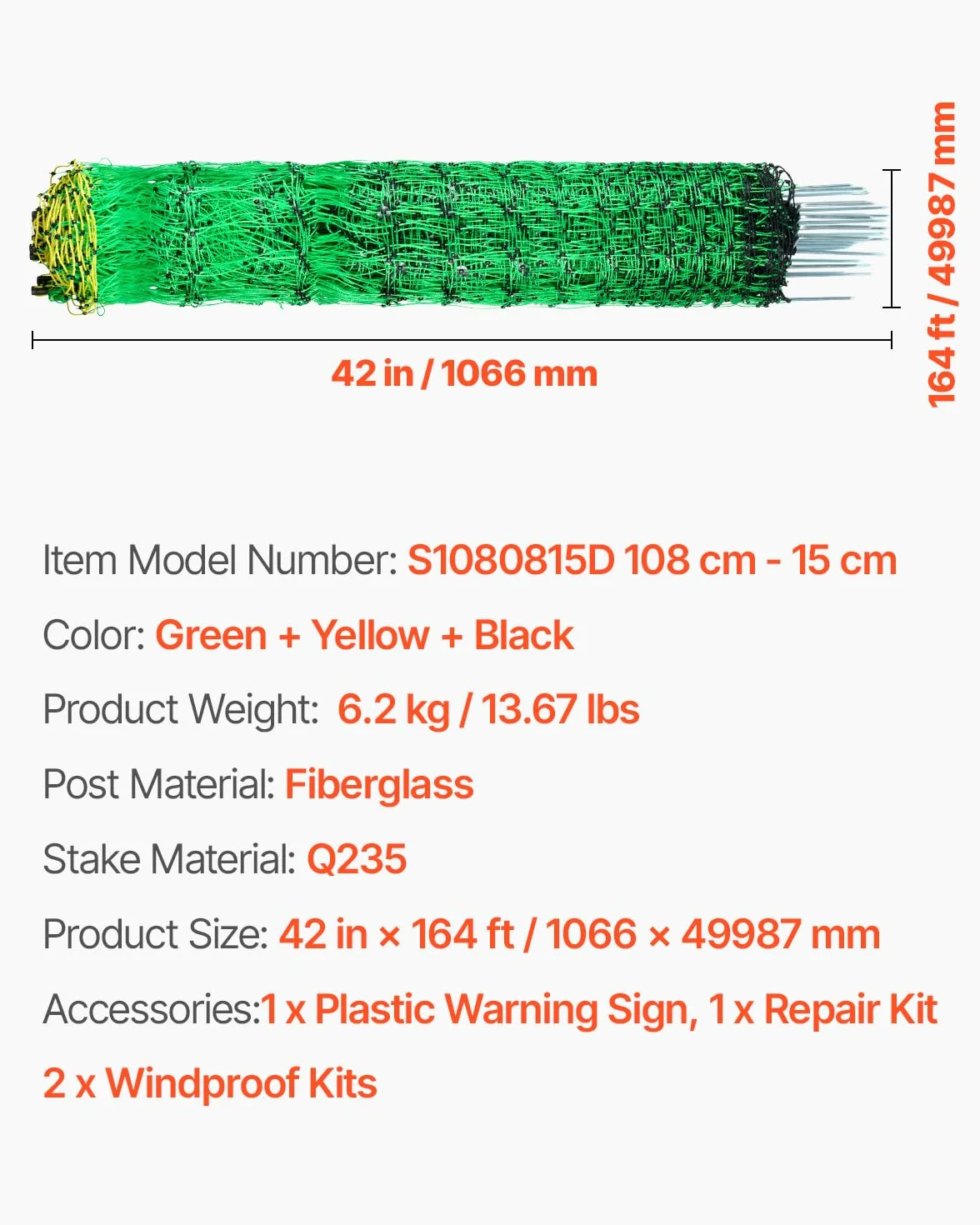 VEVOR Kit de red para cerca eléctrica cerca de red de PE 1,06 x 49,98 m con postes de estaca de doble púa malla utilitaria portátil para cabras, ovejas, corderos, ciervos, cerdos, perros, granjas