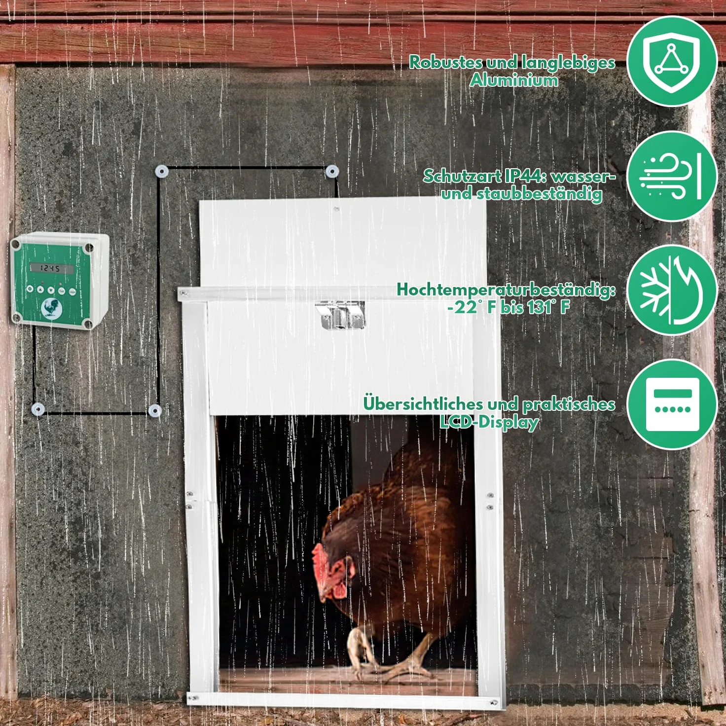 Sonnewelt Puerta de gallina automática con corredera de 30 x 30 cm, puerta de gallina de aluminio con sensor de luz y control de tiempo manual puerta de gallinero