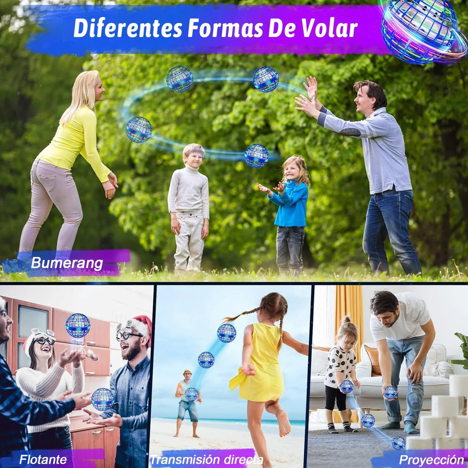 semai Bola Voladora con Luz LED para Niños de 6 a 12 Años, Juguete Flotante Controlado a Mano (Azul)