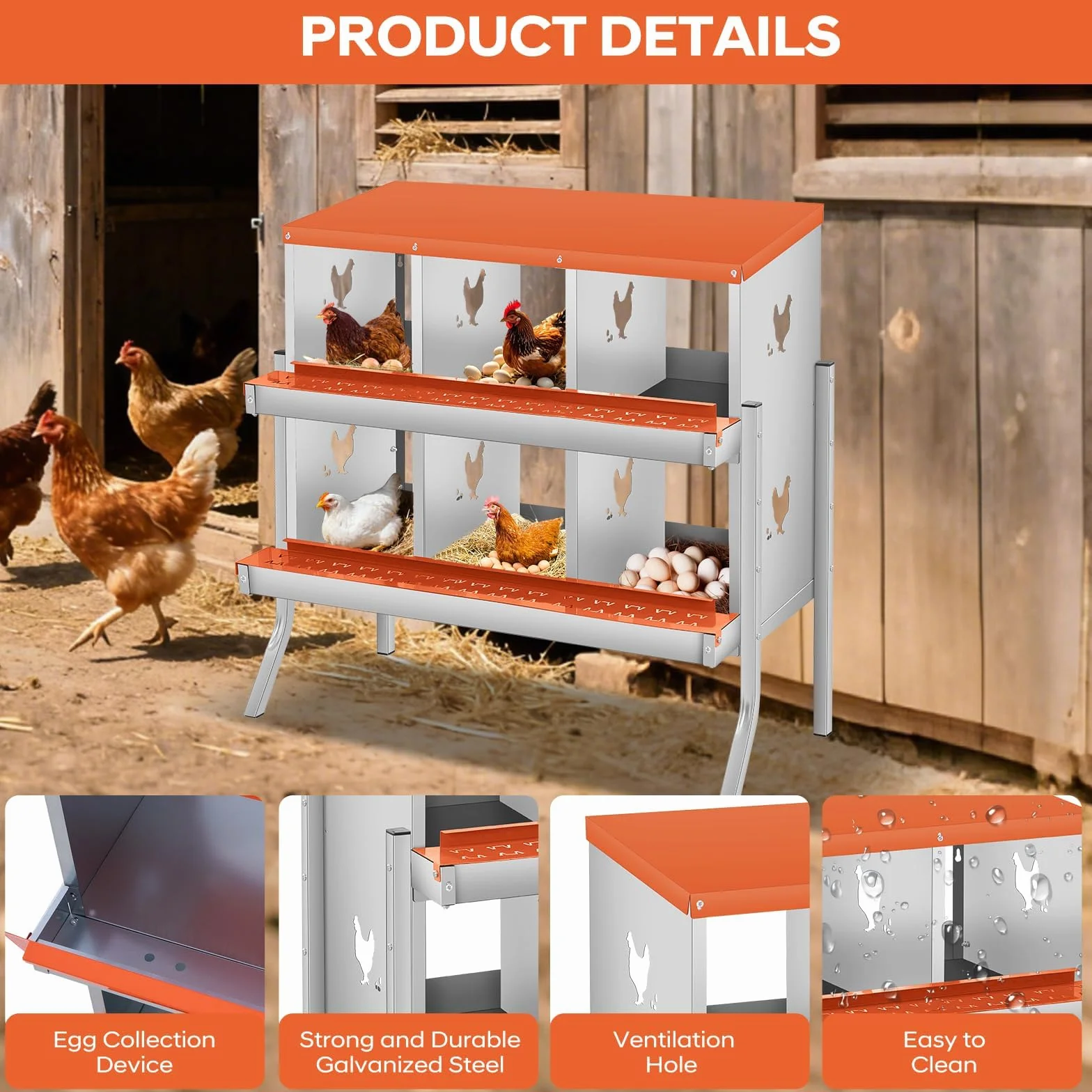 Garvee Ponederos para Gallinas de 6 Departamentos con Patas, Nidales de Acero al Carbono para Recogida Automática de Huevos, Jaula de Puesta Metálica Resistente para Exterior, 115x35x80 cm, Rojo