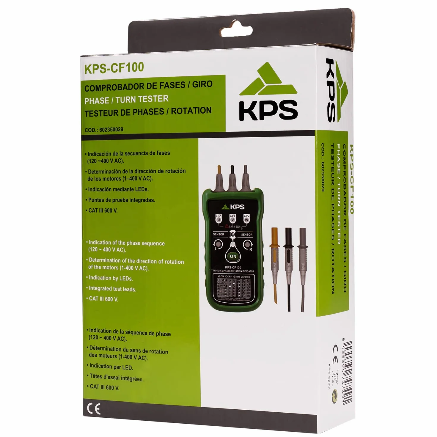 KPS-CF100 Comprobador de secuencia de fases y rotación de motores. Indicador de secuencia de fases en sistemas trifásicos. Comprobador del sentido de giro de motores.