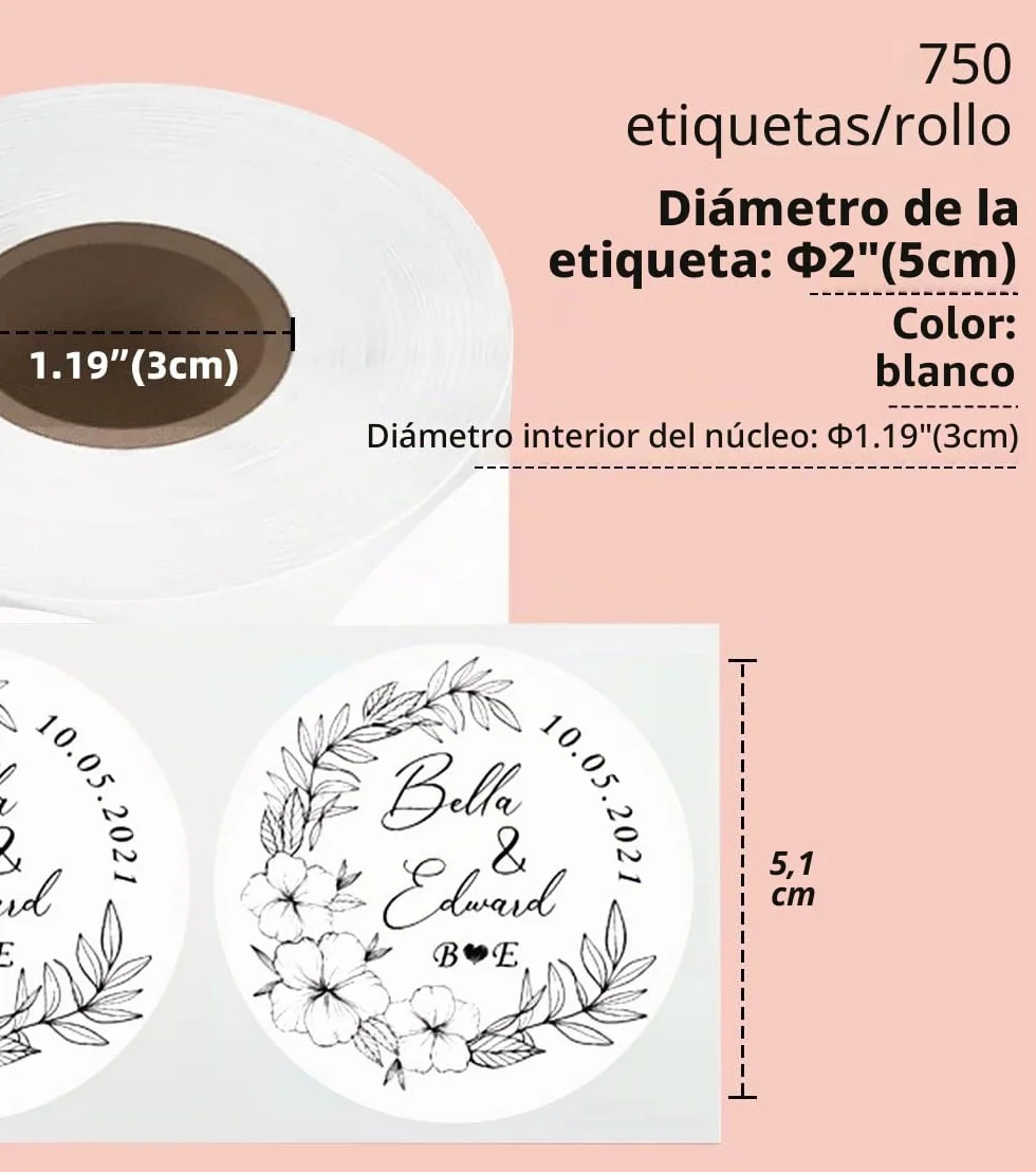 Phomemo Etiquetas redondas de 2 pulgadas, Blanco, 750 etiquetas, 50 x 50 mm, Térmicas autoadhesivas