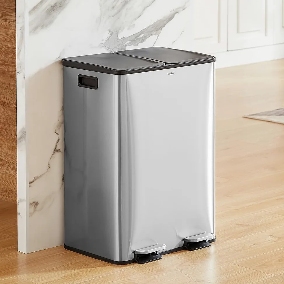 CASABEL Cubo de basura de cocina doble 2x30L en acero inoxidable, cromado | Doble compartimento, Reciclaje selectivo, 2 pedales, Antihuellas, Tapas herméticas, Cubos extraíbles, Fácil mantenimiento