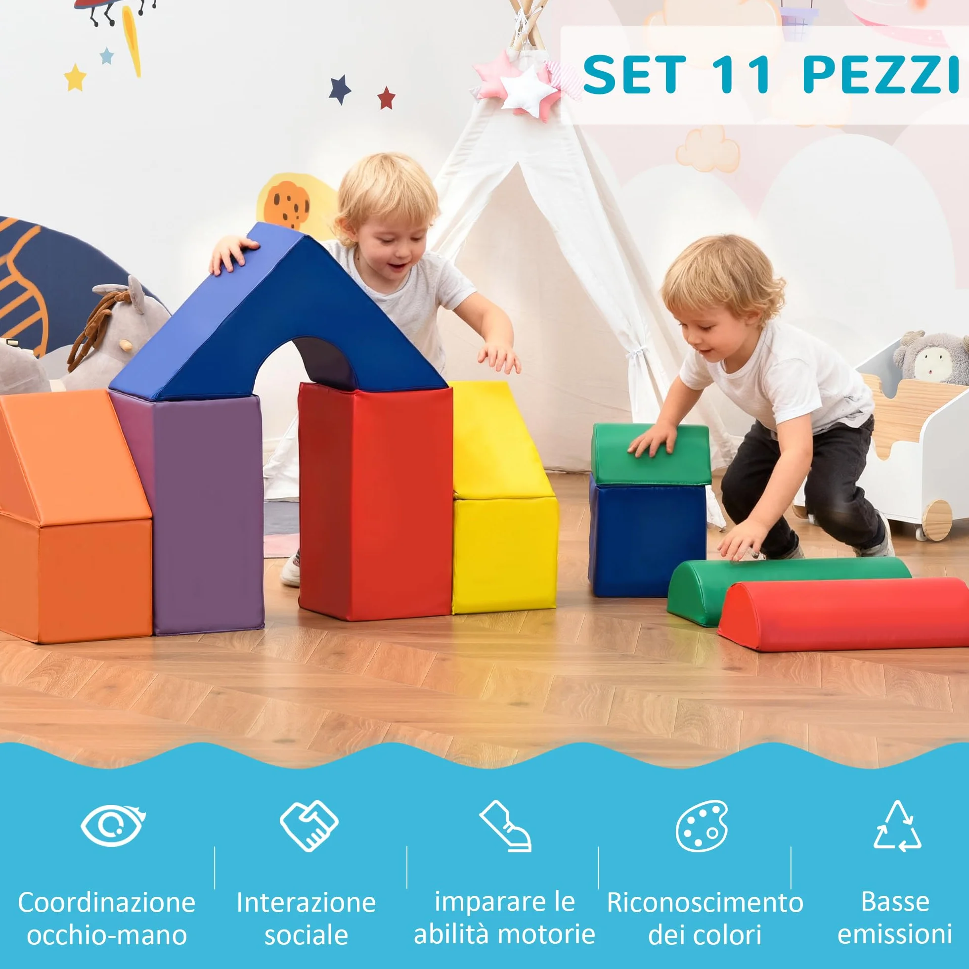HOMCOM Juego de 11 Bloques de Espuma para Niños Psicomotricidad Infantil Figuras de Construcción Multicolor