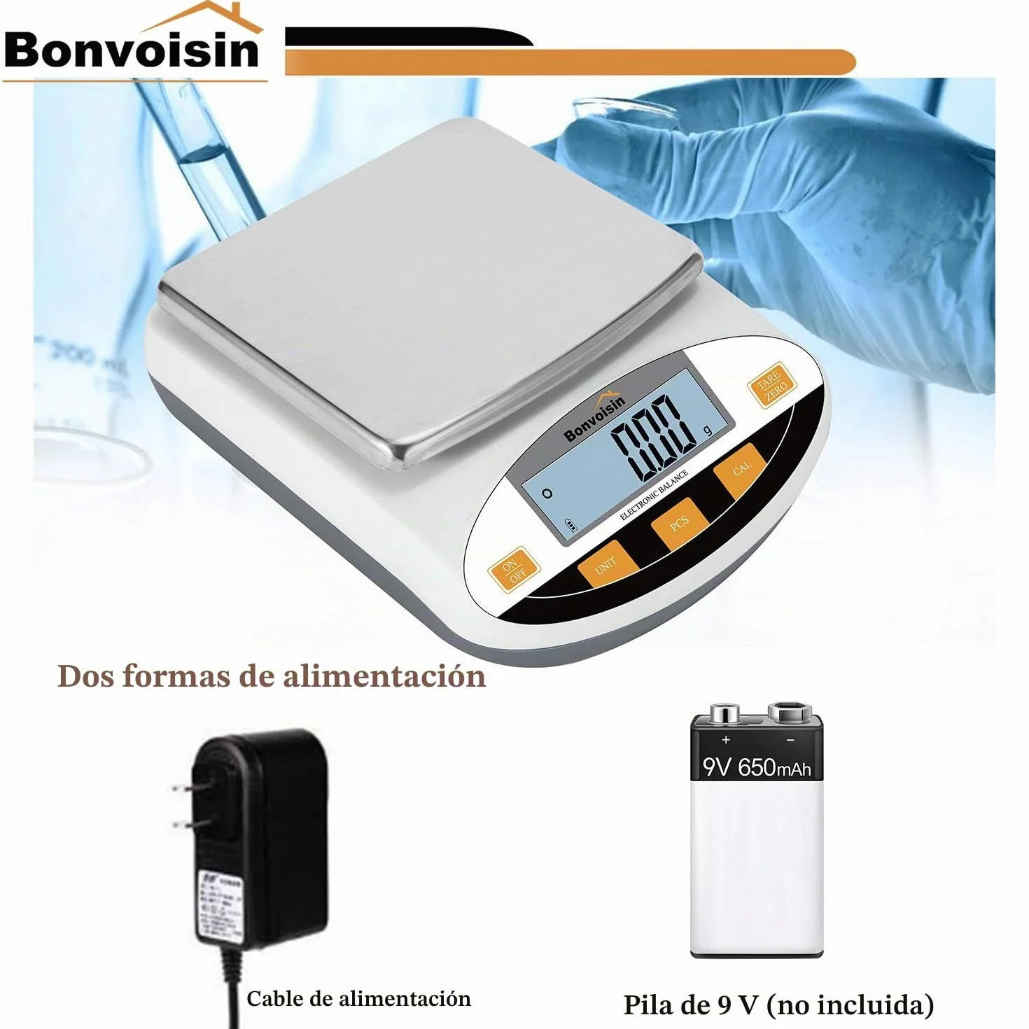Bonvoisin Báscula de Laboratorio 1000g/0.01g Digital - Báscula Analítica de Alta Precisión para Joyería, Cocina, Laboratorio y Uso Científico, con Función Tara y Conteo