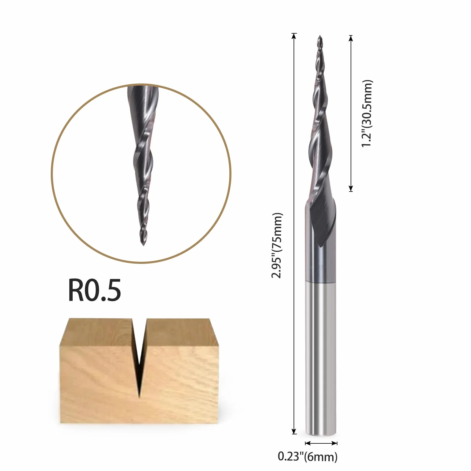 Fresa cónica para fresadora CNC, vástago de 6 mm, 2 flautas, fresa de extremo HRC55, broca de ranura en espiral, 0,5 mm de radio CNC con revestimiento AlTiN para grabado 2D y 3D