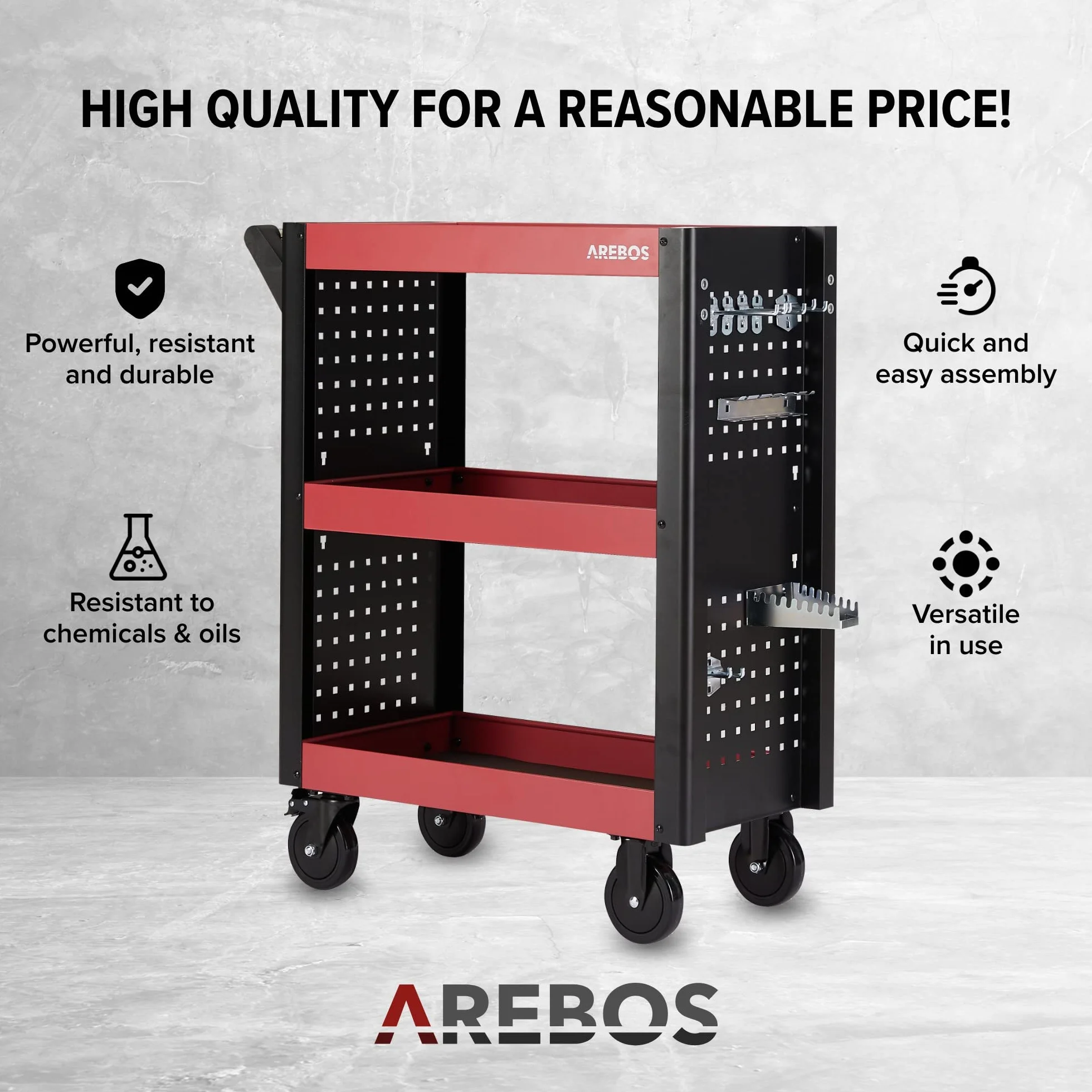 Arebos Carro de Servicio Multifuncional | 3 Compartimentos | Taller, Herramientas, Transporte y Almacenamiento | Estanterías Multiuso | Rojo/Negro