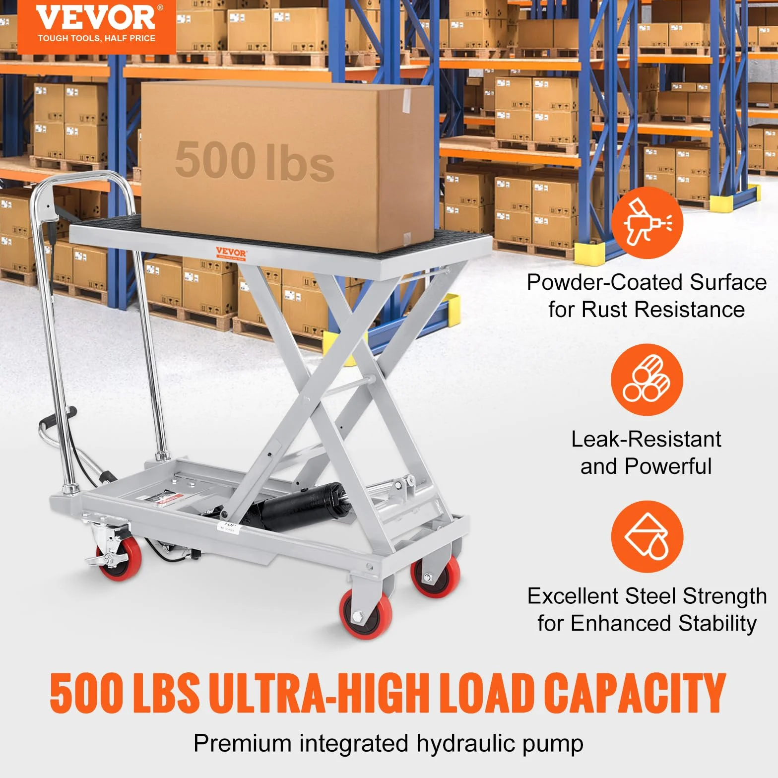 VEVOR Carro Hidráulico de Mesa Elevadora Capacidad de Carga de 230 kg Elevador Manual de Tijera Simple Altura de Elevación de 720 mm 4 Ruedas Cojín Antideslizante para Manipulación Transporte, Gris