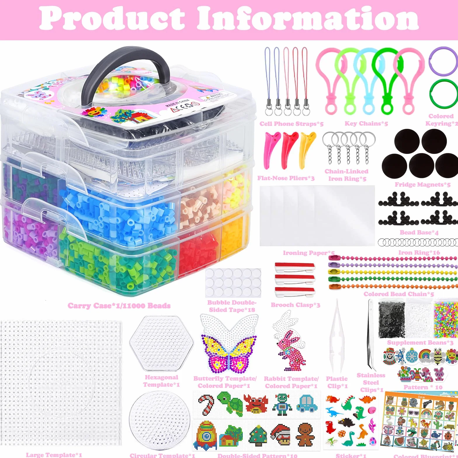 Cuentas Para Planchar 11000 PCS Juego con Papel de Planchado, Plantilla y Caja de Almacenamiento para Manualidades 3D Niños
