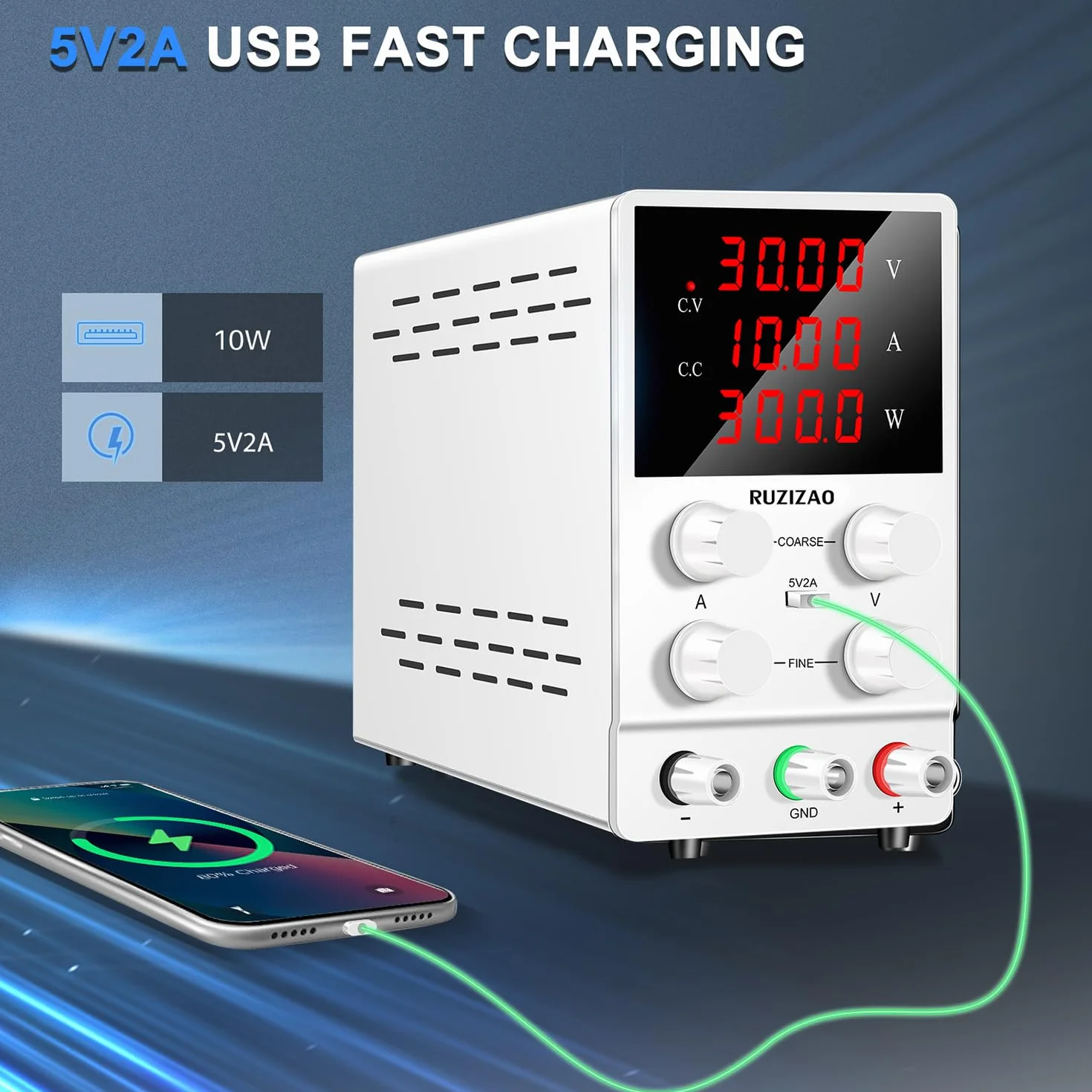 Fuente de Alimentación Regulable 30V 10A, Fuente de Alimentación de Laboratorio con Pantalla LED de 4 Dígitos y Puerto USB, Fuente de Alimentación de Banco Regulación Precisa y Salida Stable