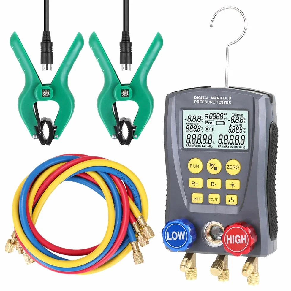 RSFIL Medidor de presión Refrigeración Digital Vacío Presión Colector Probador Medidor Calefacción Ventilación y Aire Acondicionado Probador de Temperatura Válvulas Kit de Herramientas