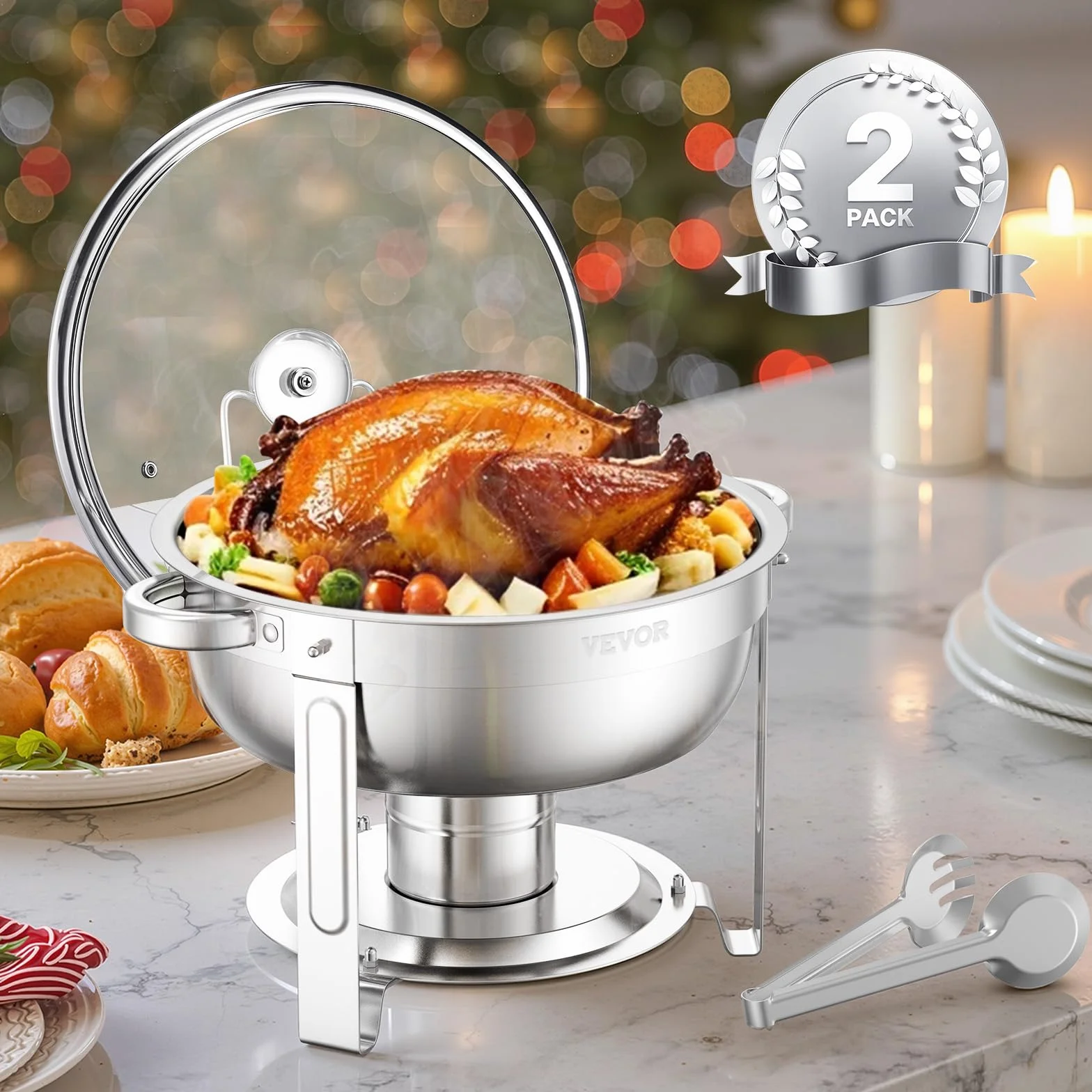 VEVOR Calentador de Alimentos con 2 Recipientes 4,7 L, Redondo, para Catering, Tapa de Vidrio, Soporte Plegable, Bufé