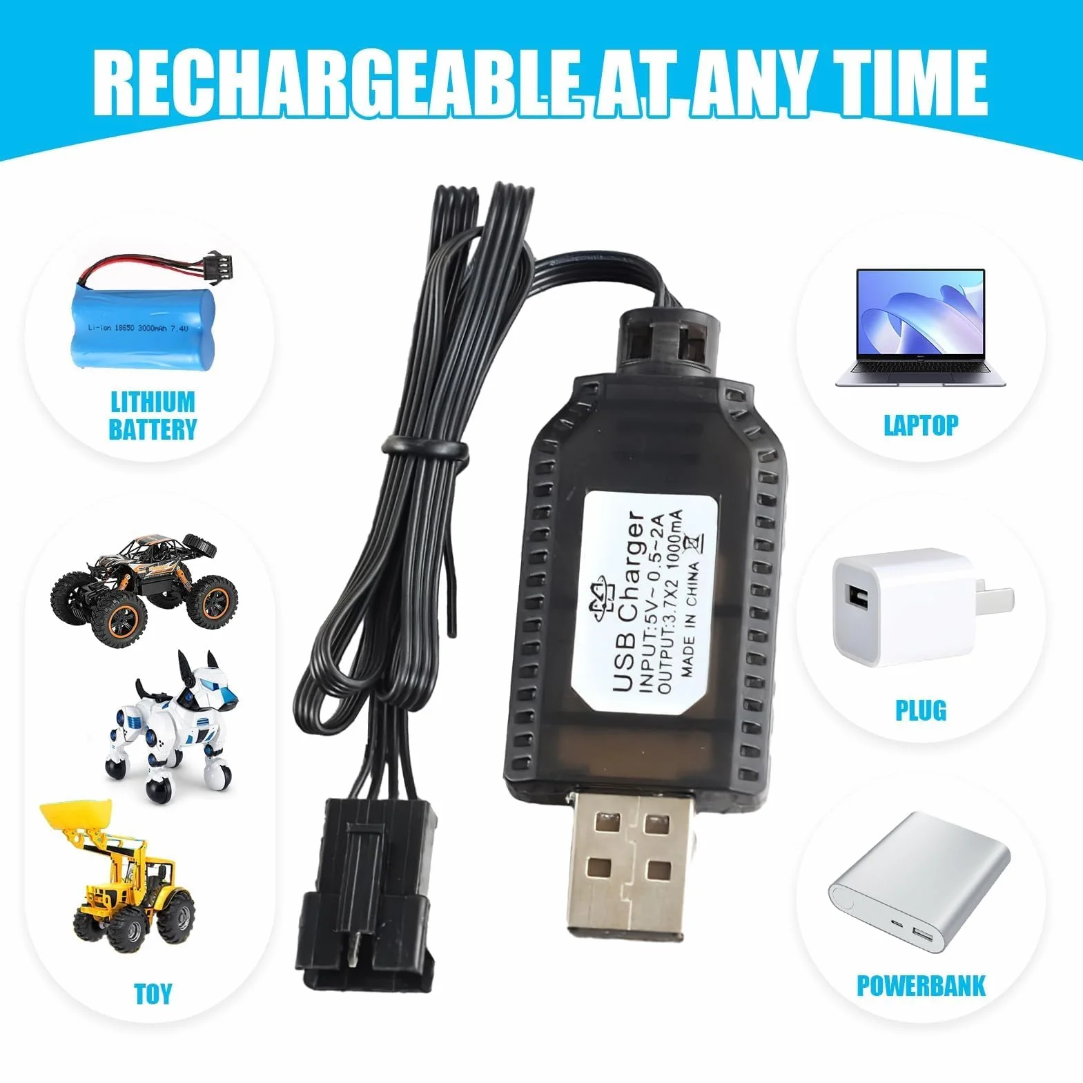 Cargador Universal LiPo 7,4 V USB con Conector SM-4P para Coche y Drone RC