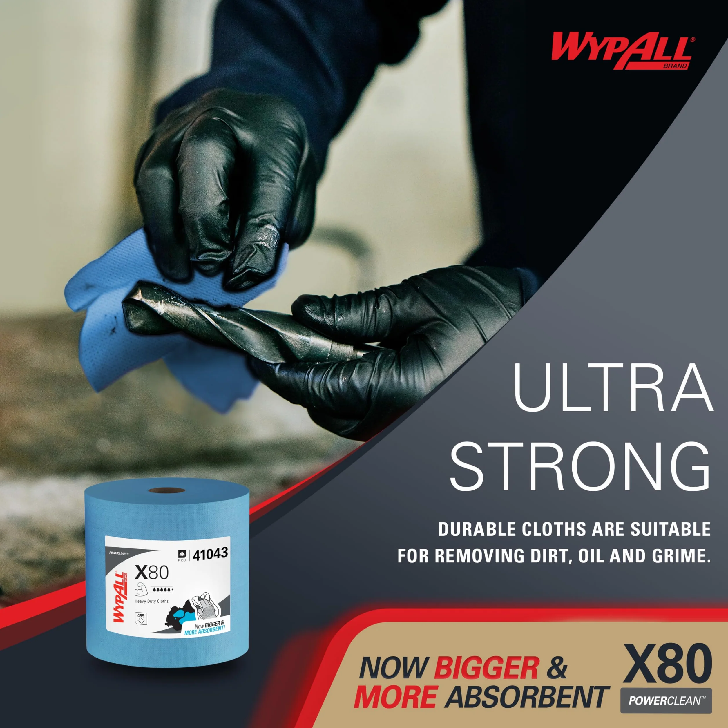 Paños WypAll X80 Power Clean, Paños de limpieza reutilizables industriales, Rollo azul de alta capacidad con 455 paños absorbentes de 1 capa​, Número de modelo 8347