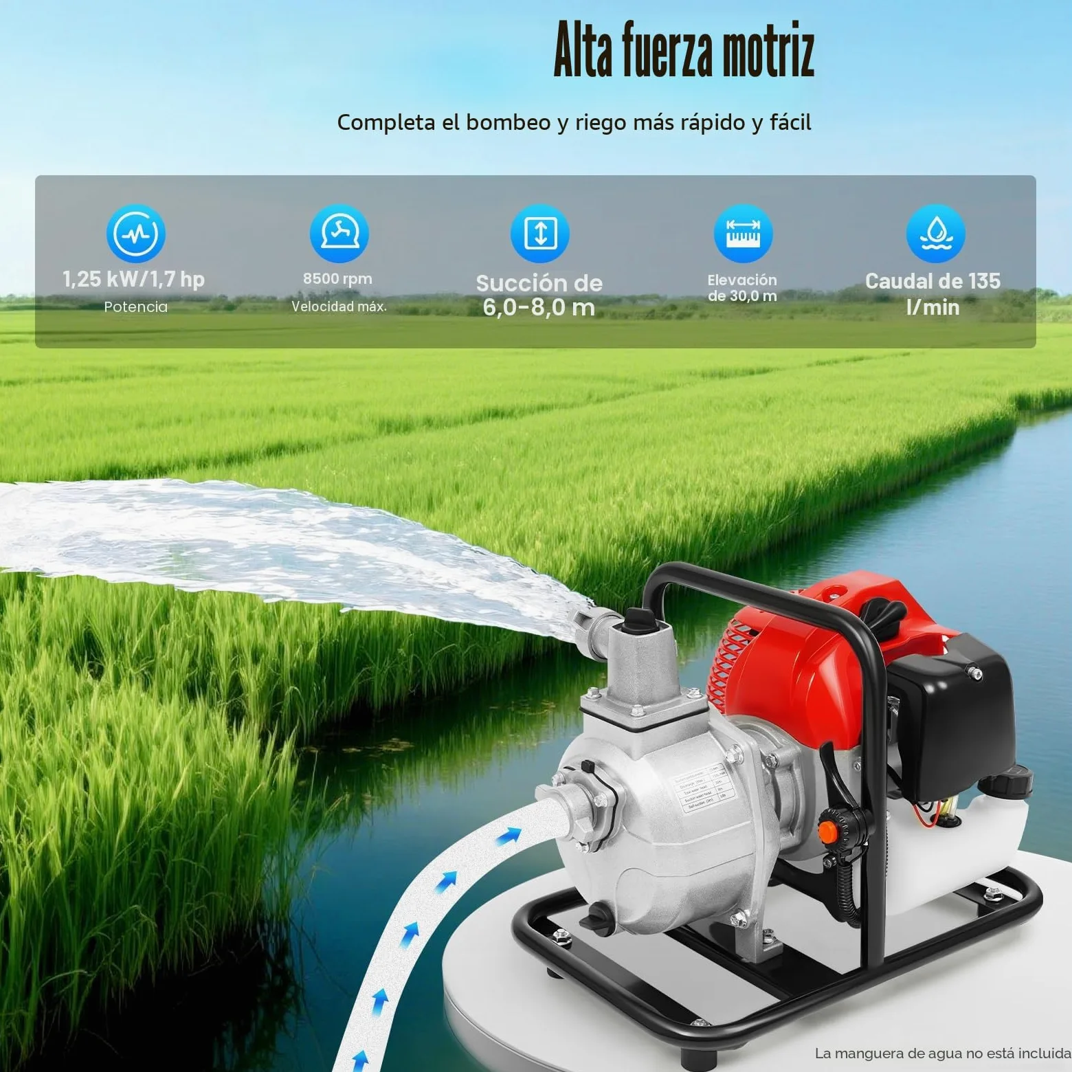 Bomba de agua para motor de gasolina de 2 tiempos, bomba de agua sucia, bomba de jardín, 1,25 kW