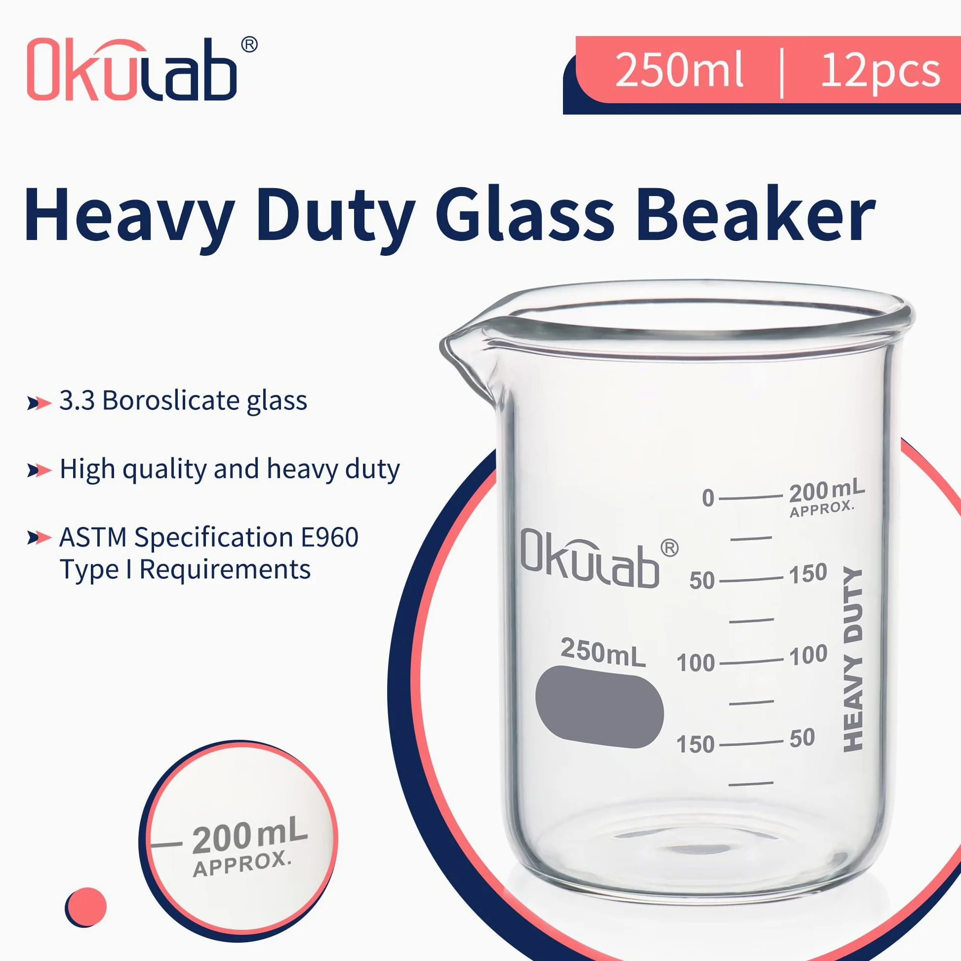 Vasos de precipitados de cristal, resistentes, con graduación impresa a doble escala. 12 piezas de vol.250 ml, HBKG250C12