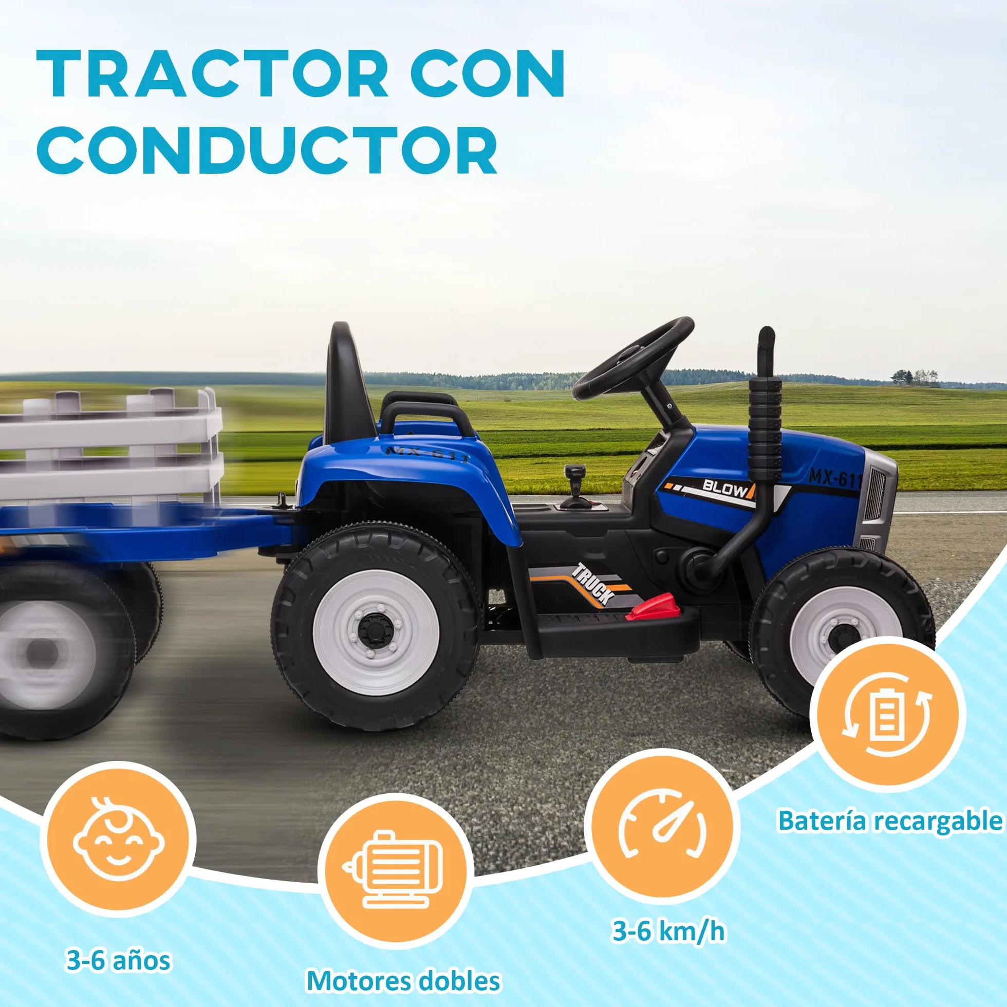HOMCOM Tractor Eléctrico con Remolque Desmontable para Niños 3-6 Años Control Remoto Música MP3 Luces 136,5x50x52,5 cm Azul