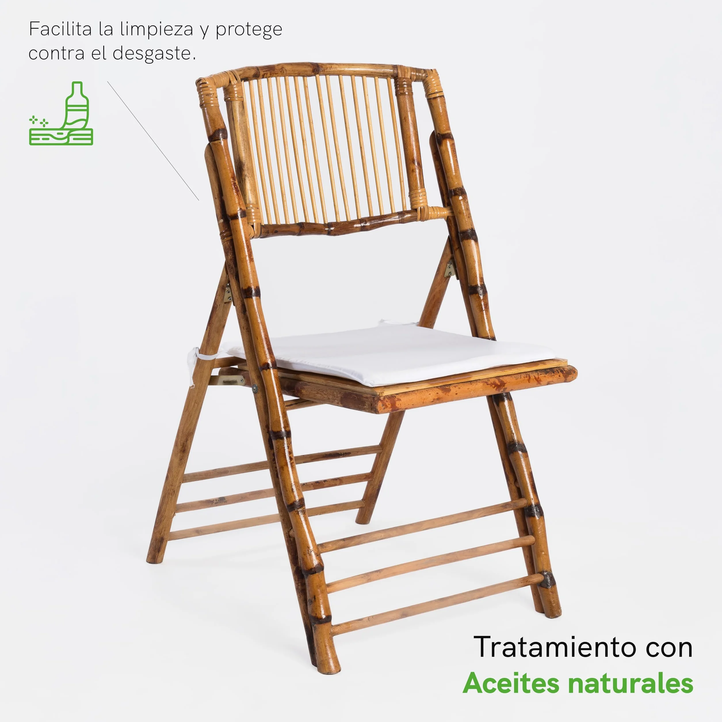 Silla de Madera de Bambú Plegable con Cojín Incluido para Jardín, Hostelería y Eventos. Certificado de Calidad y Diseño Ligero para Catering al Aire Libre. (8)