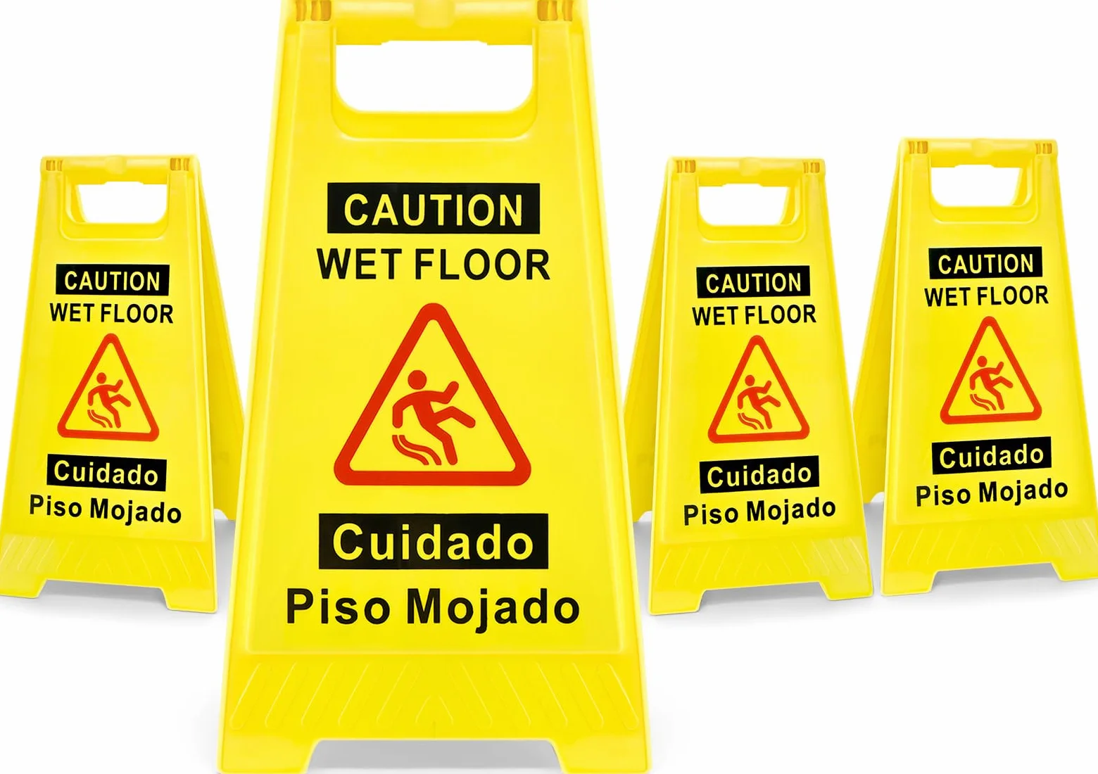 Paquete de 4 letreros de precaución para suelo mojado, 17.5 pulgadas de altura, amarillo brillante, diseño de marco en forma de A de doble cara, mensaje de precaución bilingüe