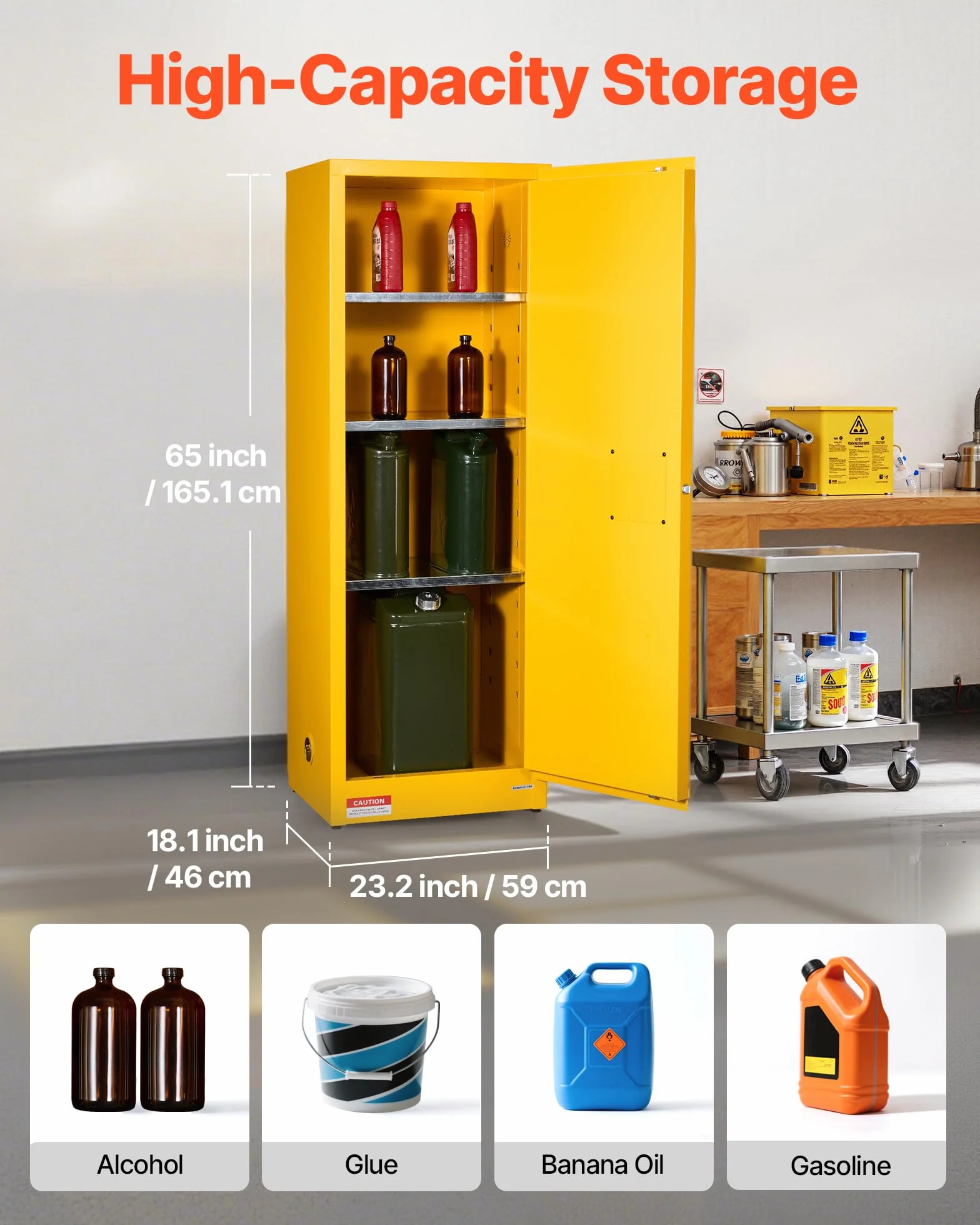 VEVOR Gabinete para Materiales Inflamables, Gabinete Ignífugo 59 x 46 x 165,1 cm de 87,06 L de Acero Laminado en Frío y Galvanizado con Estante Ajustable para Uso Comercial/Doméstico, Amarillo