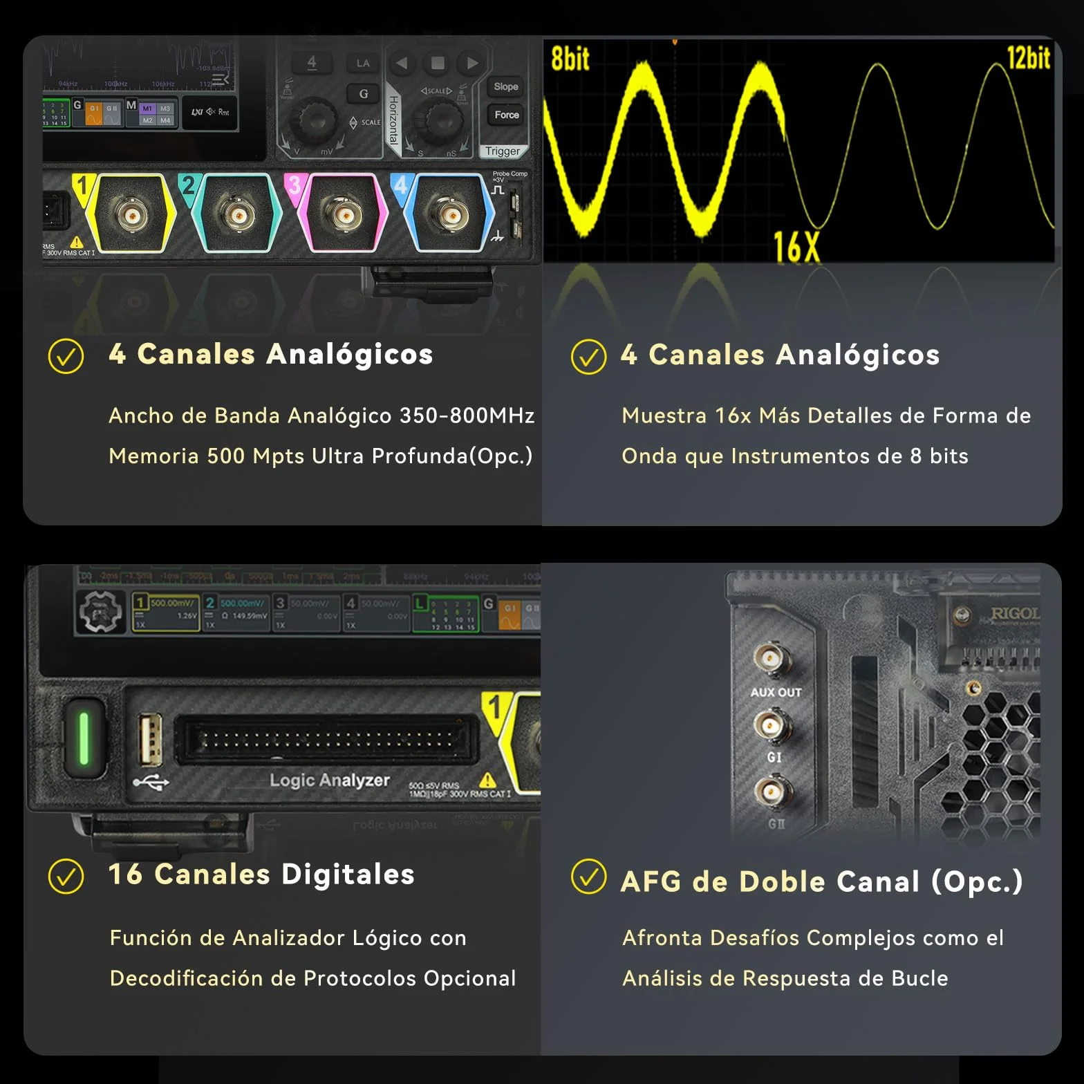 RIGOL MHO954 Osciloscopio Digital, 500MHz, 4GSa/s, 12-bit, 4+16 Canales, Wi-Fi & Bluetooth, Alimentación Type-C, AFG opcional, Ultraportátil