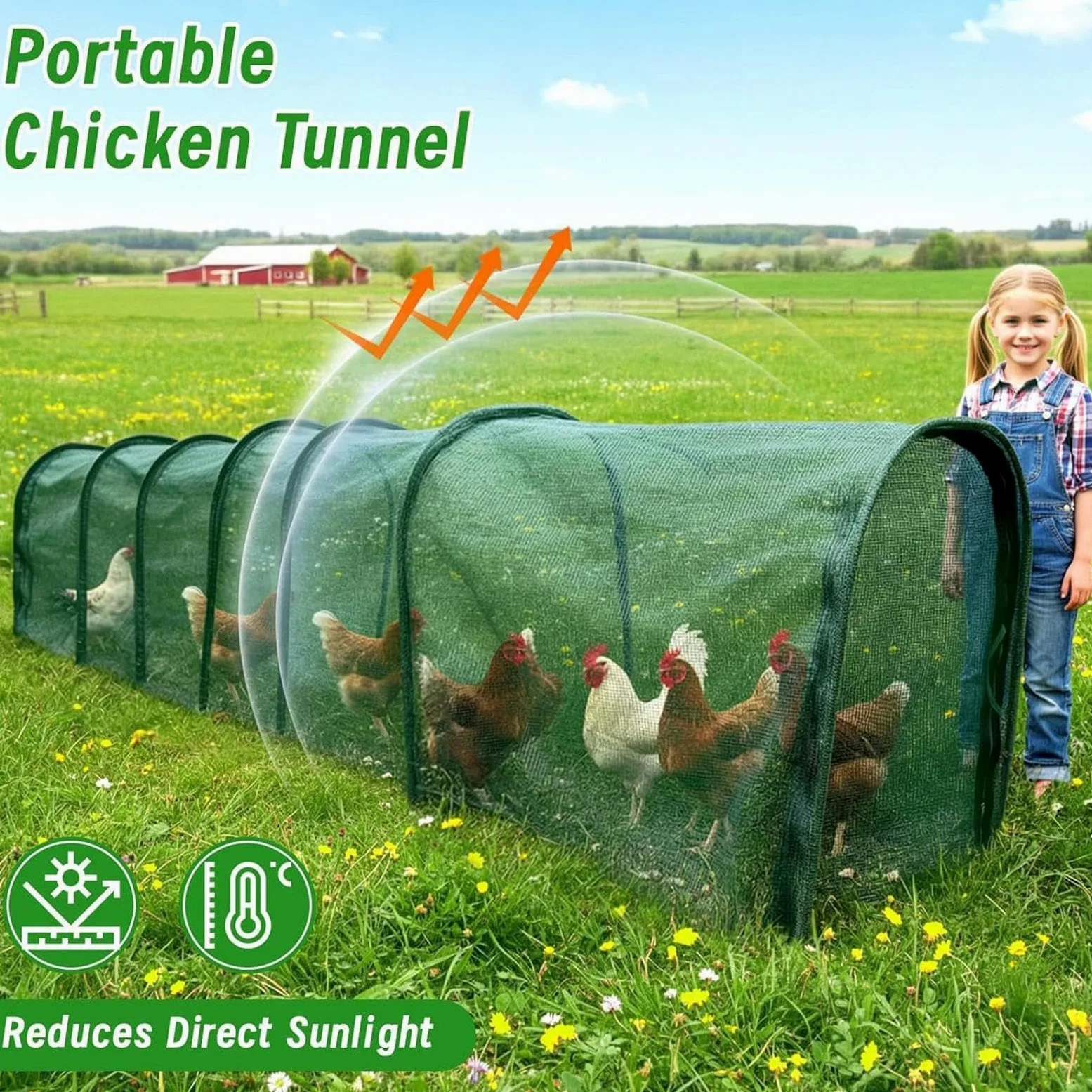 Gallinero con red solar, recinto de nailon largo portátil | Túnel para gallinas de jardín, para aves de corral, patos, conejos, interior y exterior, jardín, terraza