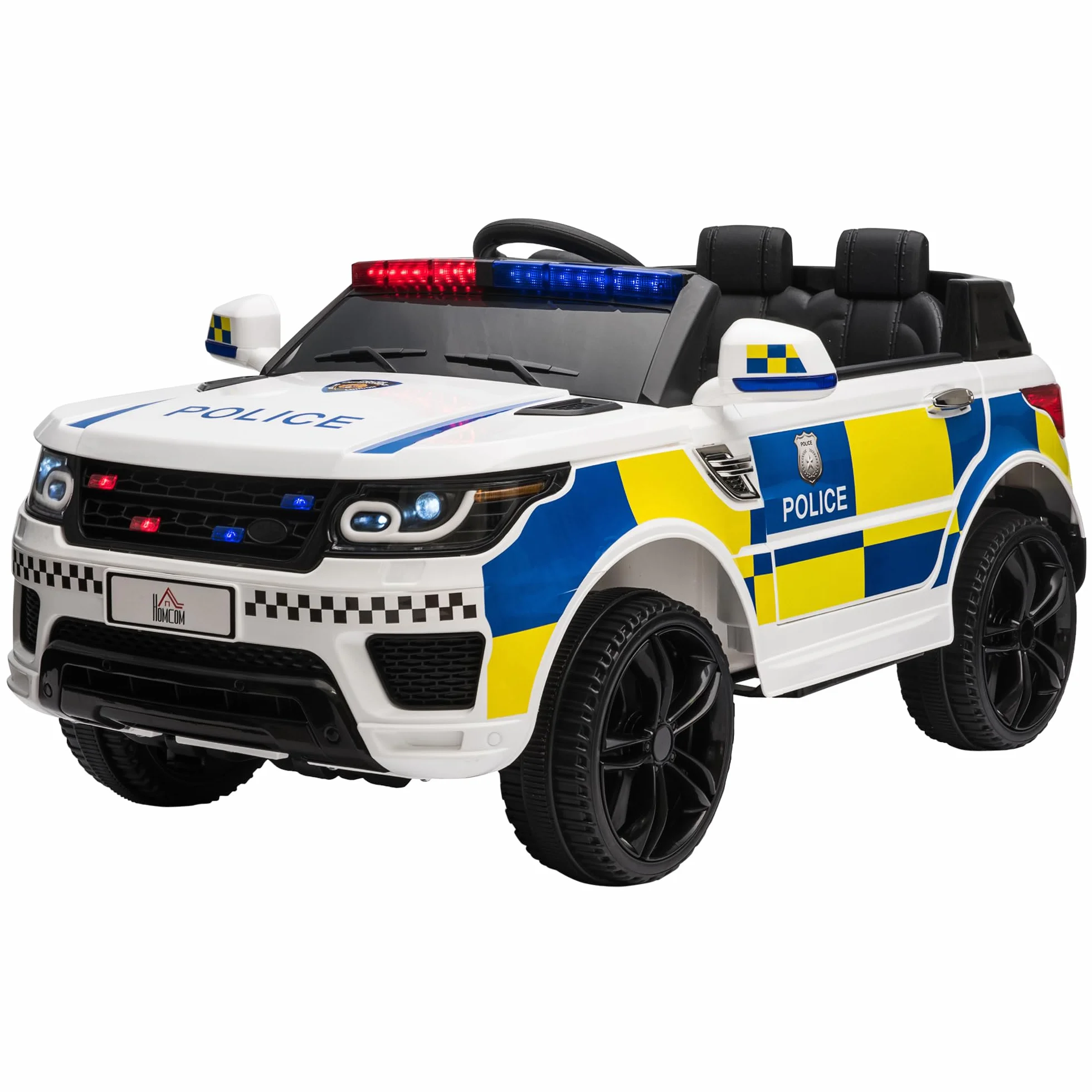 HOMCOM Coche Eléctrico Infantil de Policía 12V con Suspensión Muelle Mando a Distancia Bluetooth USB Sirena Blanco