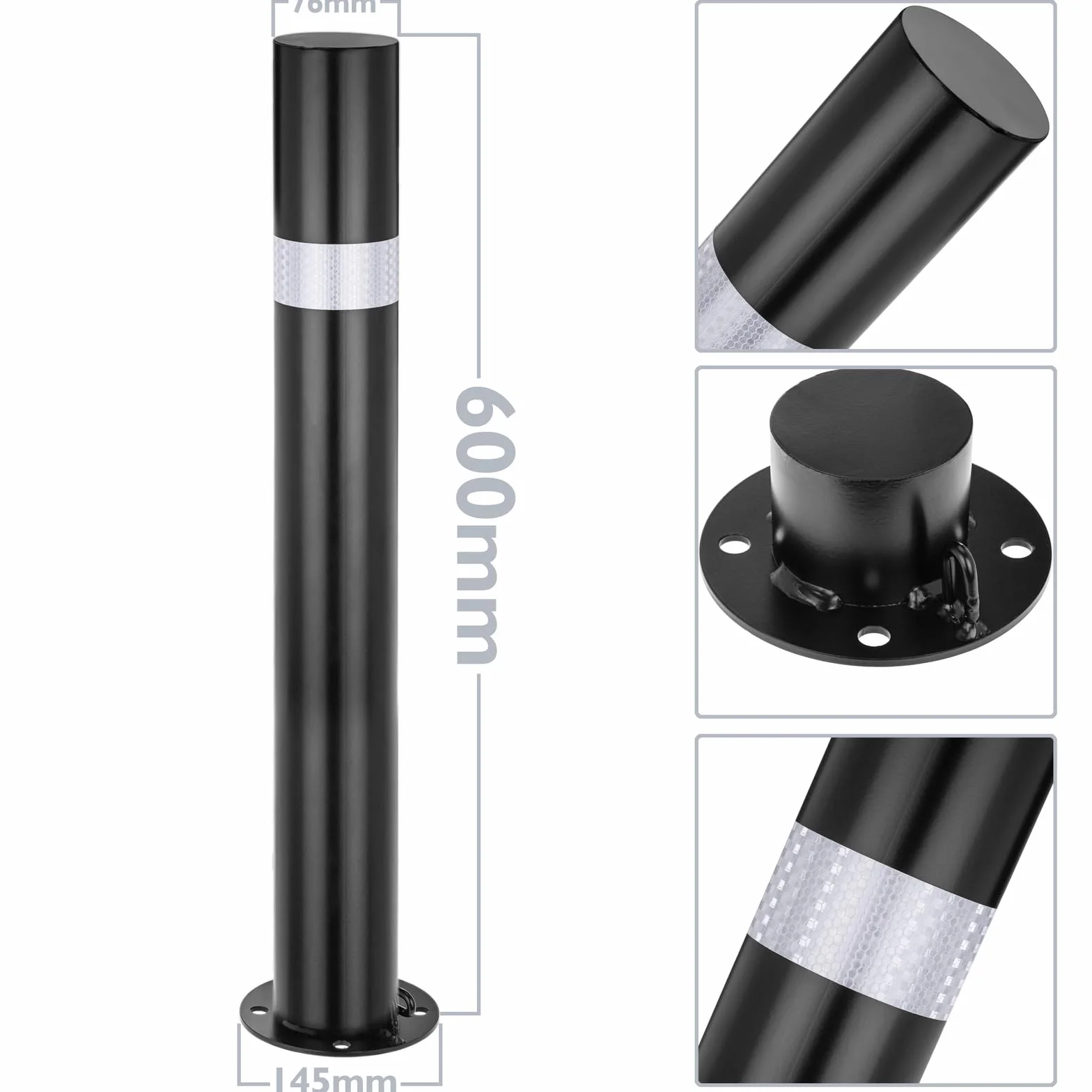 PrimeMatik Pilona bolardo de Acero 76x600mm Negro Base clavada removible