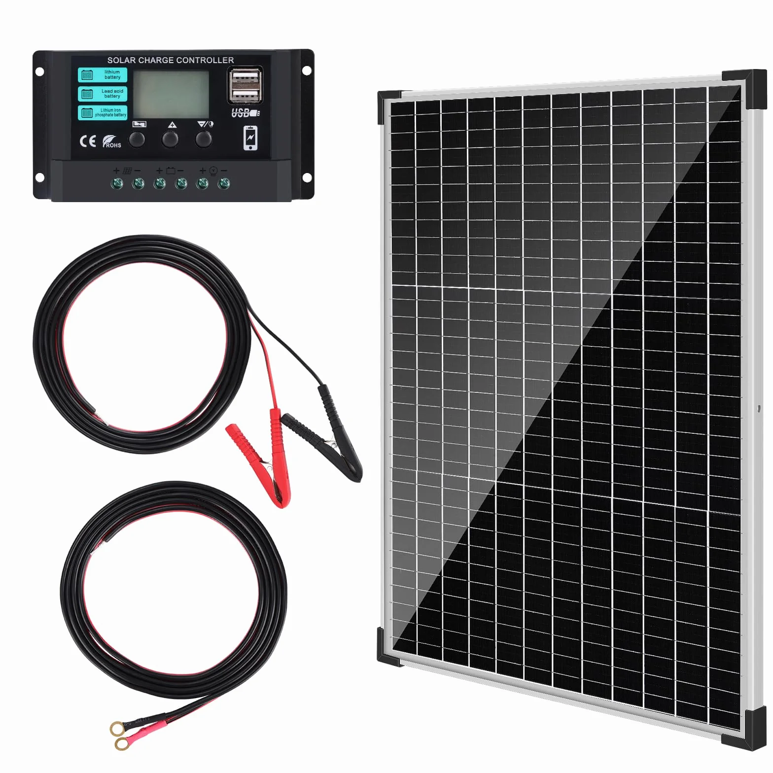 DERUXI 50W Placa Solar 12V Kit Panel Solar Mono Set Completo para Casa Vehículos Techos Barcos