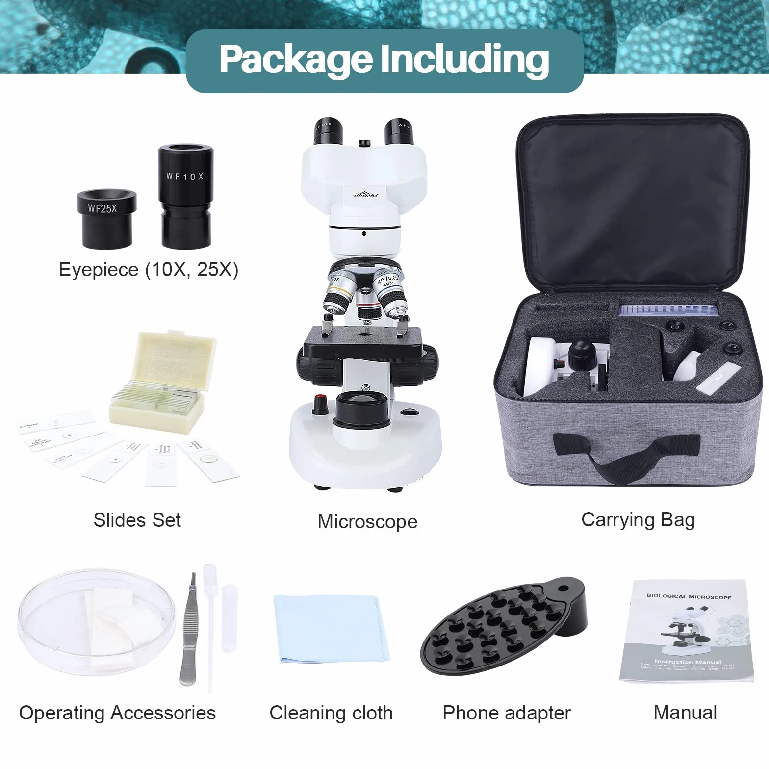 MAXLAPTER Microscopio Binocular para Adultos y Niños - Juego de Microscopio Compuesto 40X-1000X con Muestras y Adaptador de Teléfono Móvil, Adecuado para Uso Escolar en Casa
