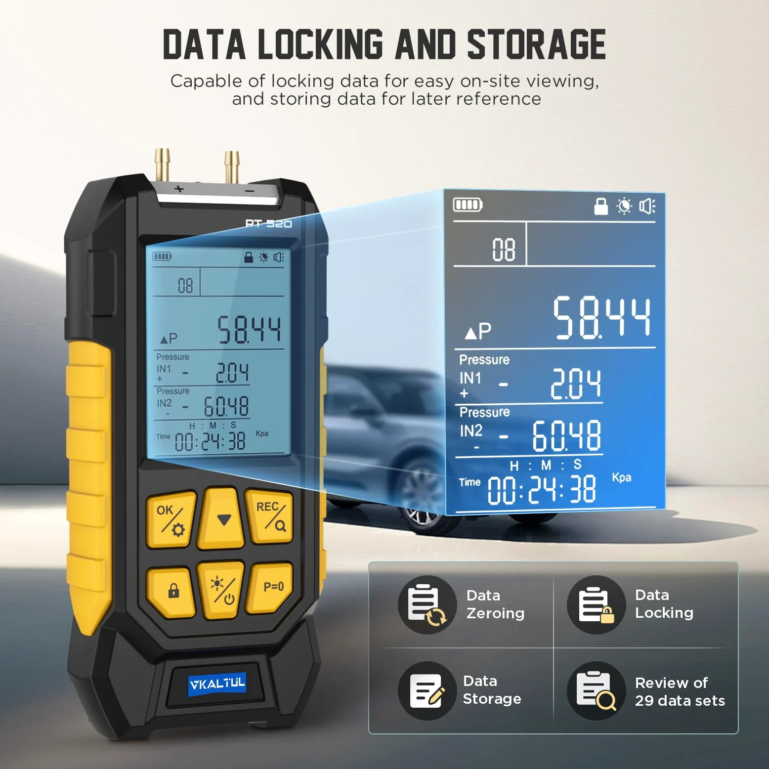 Manómetro de presión digital,Manómetro de presión de aire comprimido con valor de alta precisión, 10 lecturas, 29 almacenamiento de datos,Múltiples adaptadores de medición, -100~200Kpa