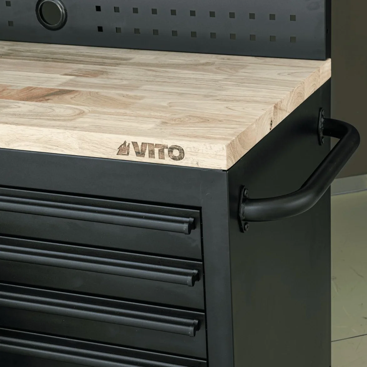 VITO Banco de Trabajo sobre Ruedas 182x51x186 cm 15 Cajones Encimera de Madera 500 kg