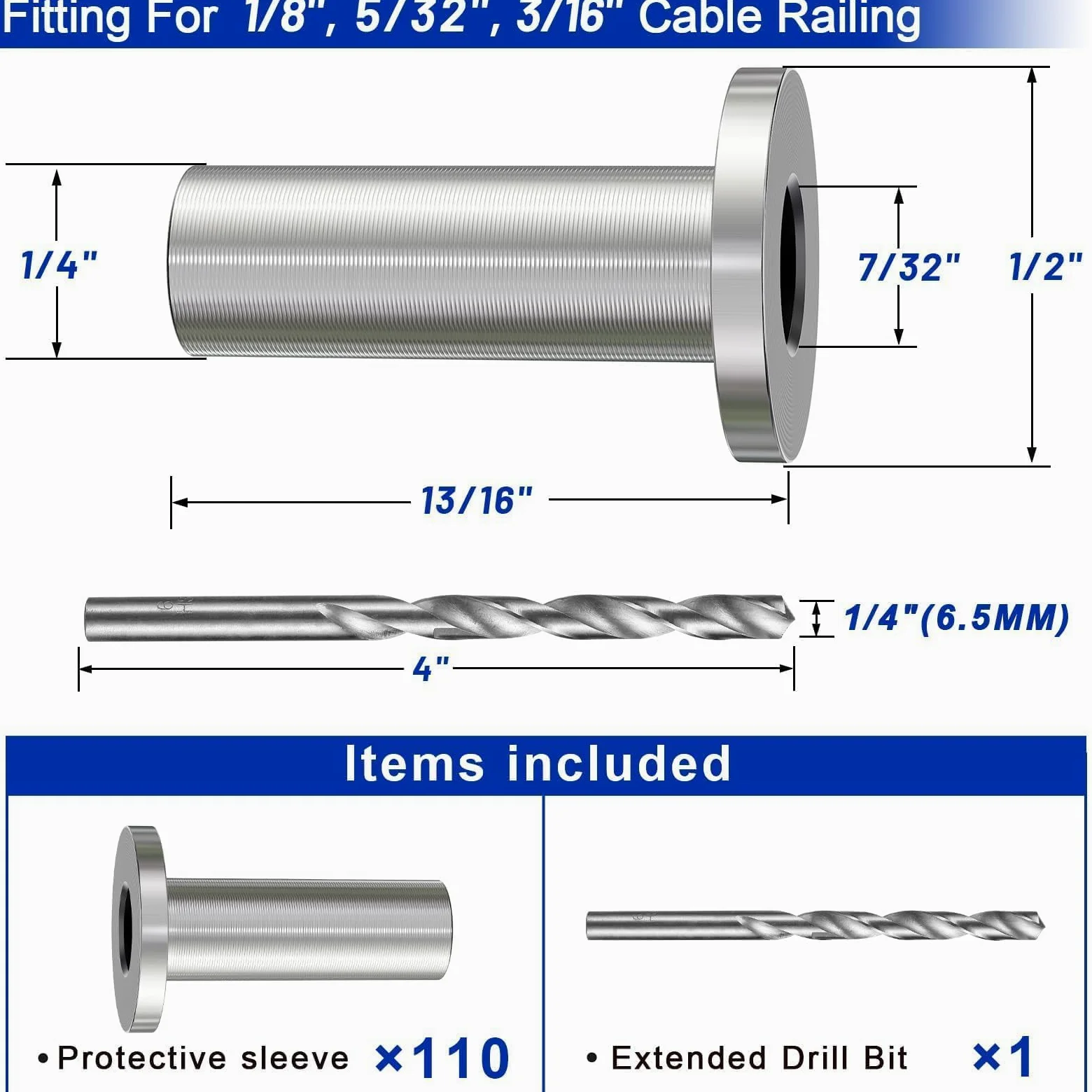 Steel DN Mate Paquete de 110 fundas protectoras de acero inoxidable T316 para barandilla de cable de 1/8, 5/32 o 3/16 pulgadas, fundas protectoras de cable para sistema de barandilla de cable,