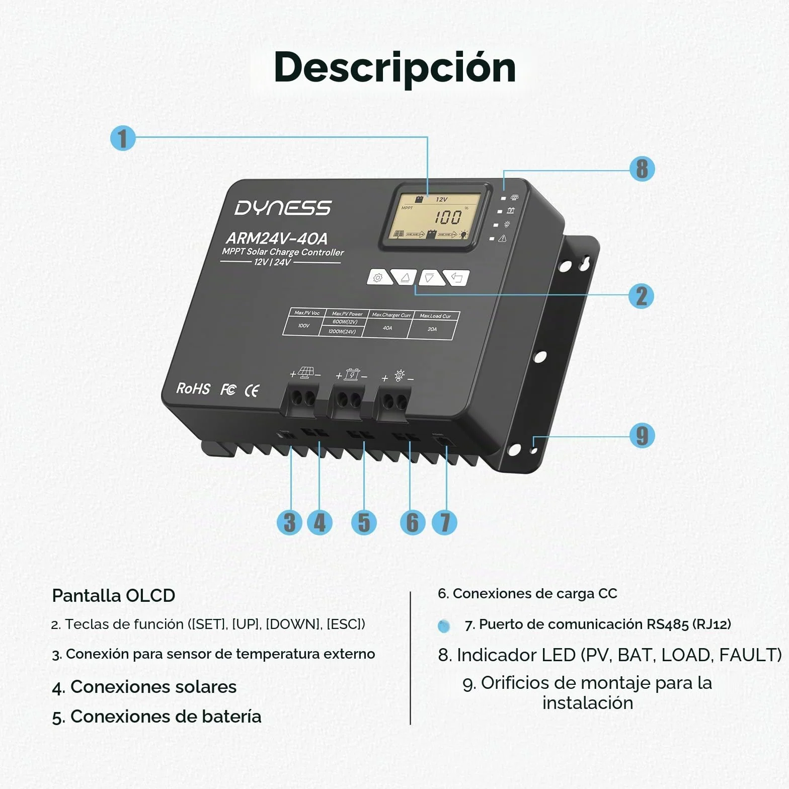 Dyness MPPT 40A Controlador de Carga Solar 12V/24V Automático, 100V (entrada fotovoltaica máx.), pantalla LCD, nstalaciones solares y baterías SLA, GEL, FLD, AGM, Li.